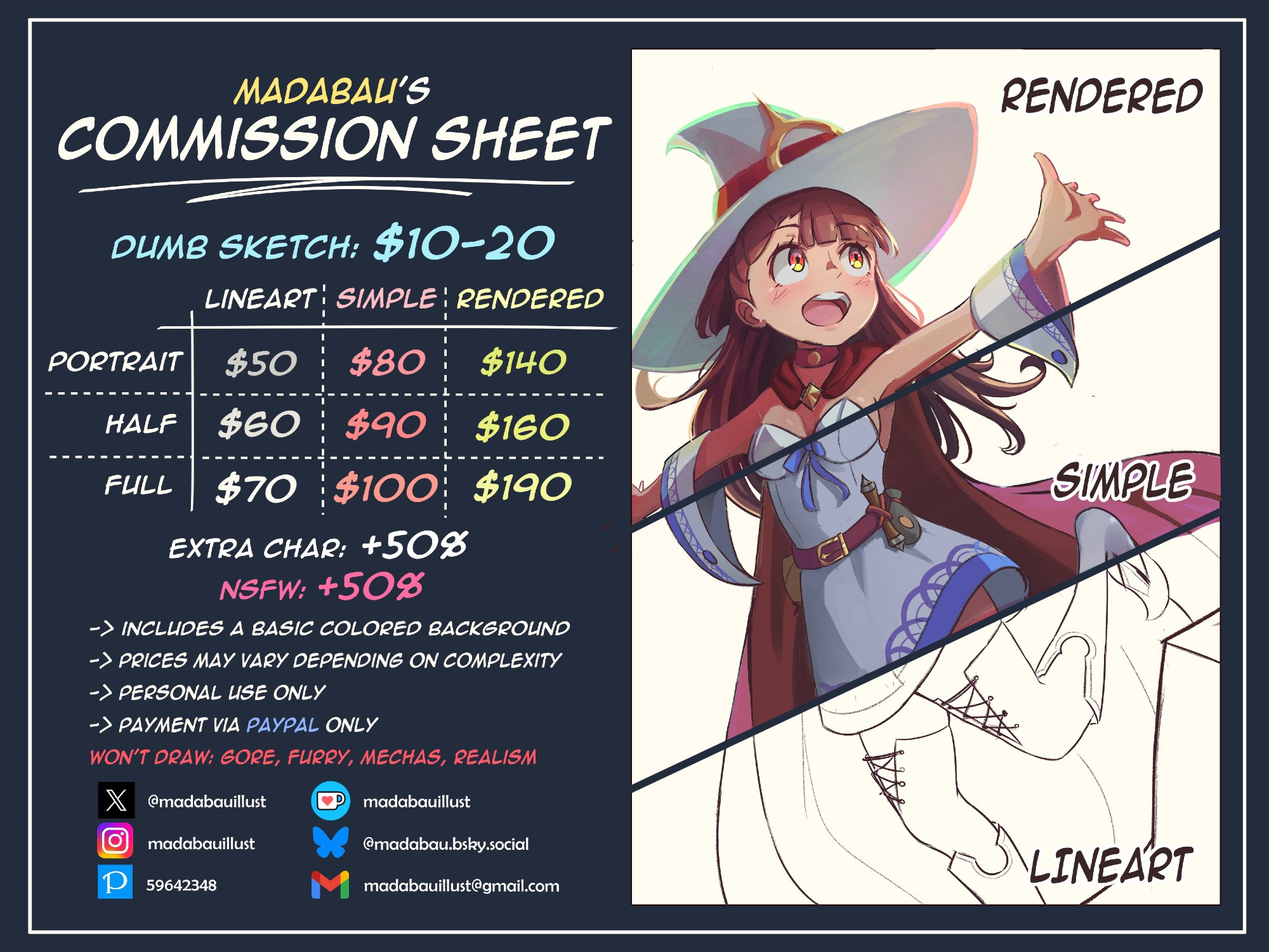 madabau's Commission Sheet, includes portrait/half/full body for lineart/simple/rendered art. Includes extra price for additional characters and NSFW. Specialty: anime girls.