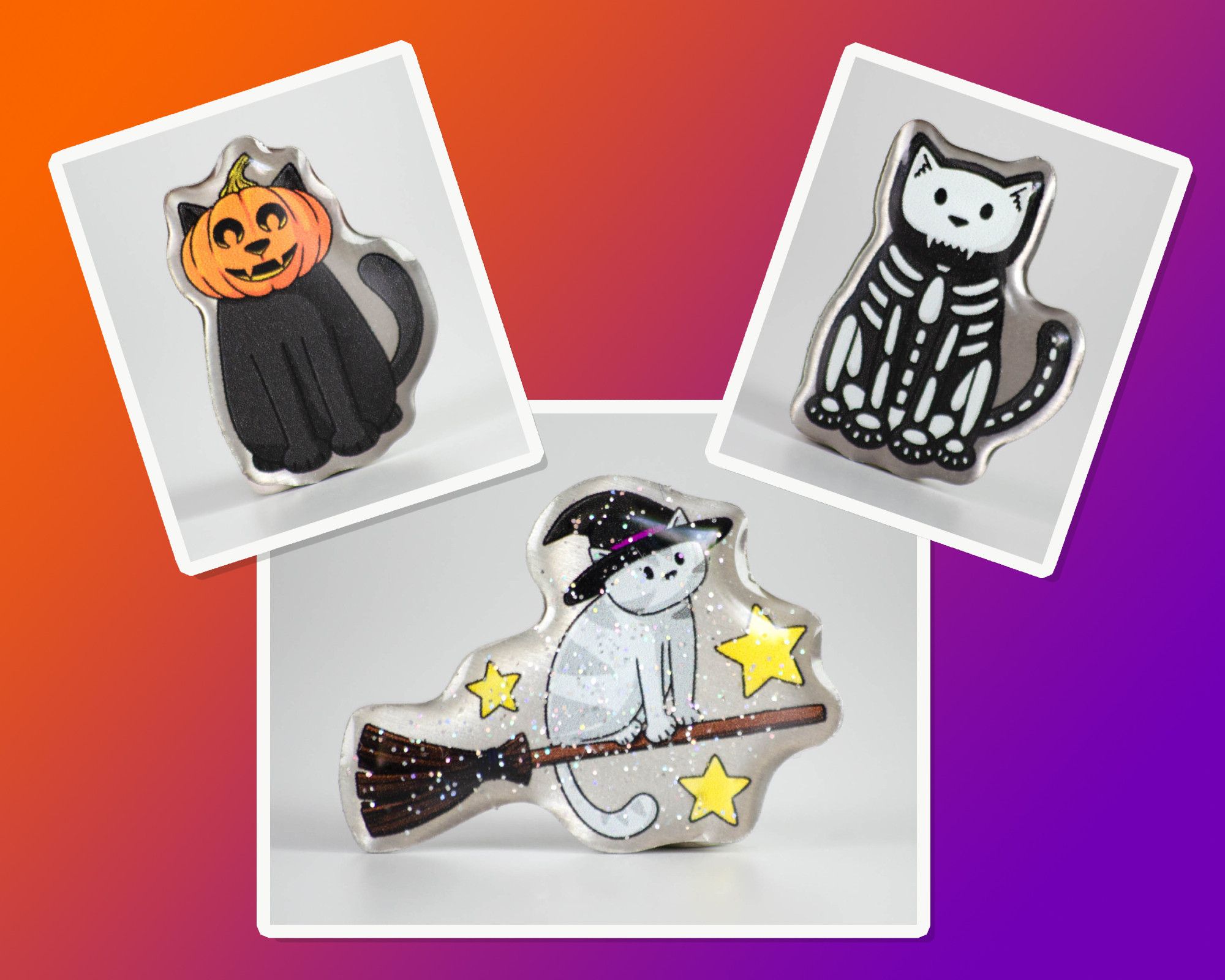 Three halloween pins. One is a black cat with a pumpkin on its head. one is a skeleton cat and the third is a witch cat on a broom