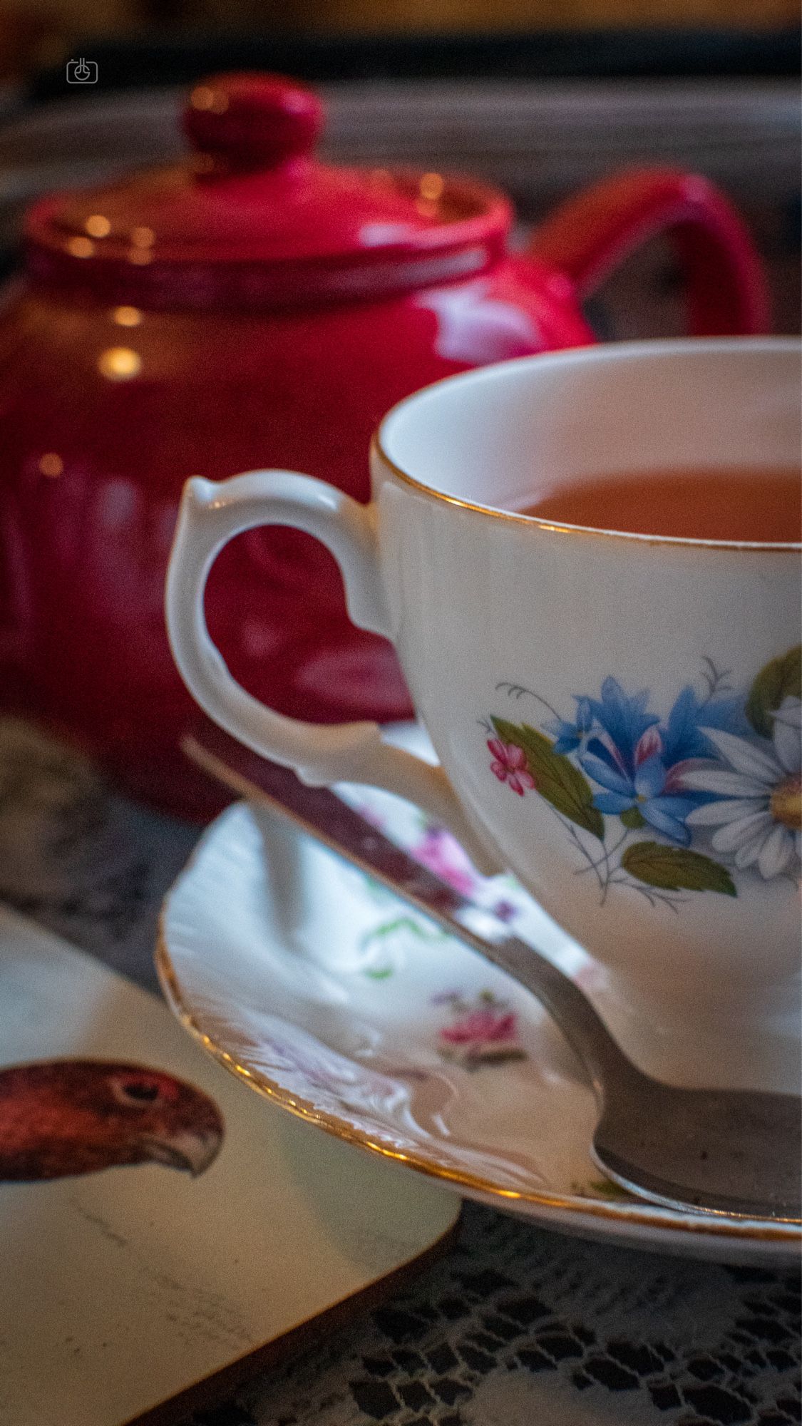 Closeup of a fine porcelain teacup and red ceramic teapot. Clarinda’s Tea Room, Royal Mile, Edinburgh, 19 Aug 2024. Nikon D5600, Nikkor DX 35 mm ƒ1.8G, ISO 3200, ƒ5.6, -0.3 ev, 1/50s