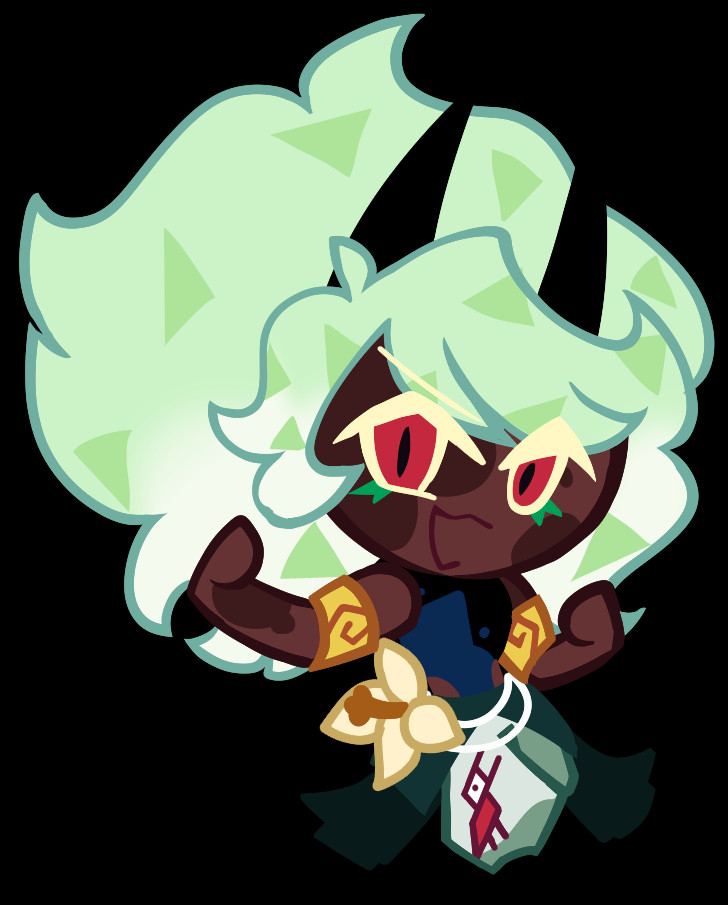 "Malachite Mix Cookie"
A Cookie Run Original Character with Mint hair and Green Triangle patterns on it that has body suit that exposes the legs with a Dark Green Jacket and Baggy pants that has a Maya Textile Bird colored Red marked in. He sports Gold armbands that have the same symbol as his mother and a Daffodil connected as a tail wrapped around his waist with a White string serving as the tail itself. He also has black Horns that point to the sky and Red Eyes with Black Slit Pupils and Green Tribe markings below those eyes.