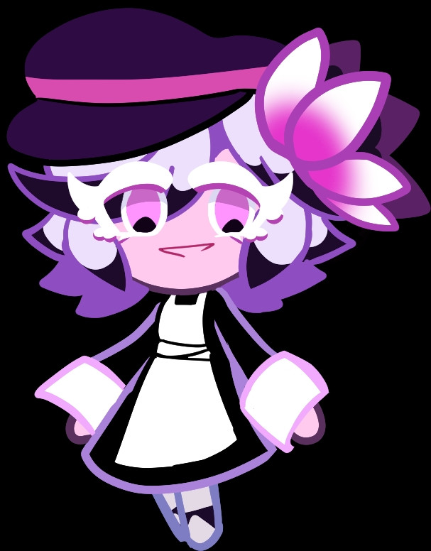 A Cookie Run Original Character that has purple as a primary color, a White Anemone flower being on her head as an accessory that fades into a Purple Shade. The Character is smiling and is reminiscent of Painters as an occupation.