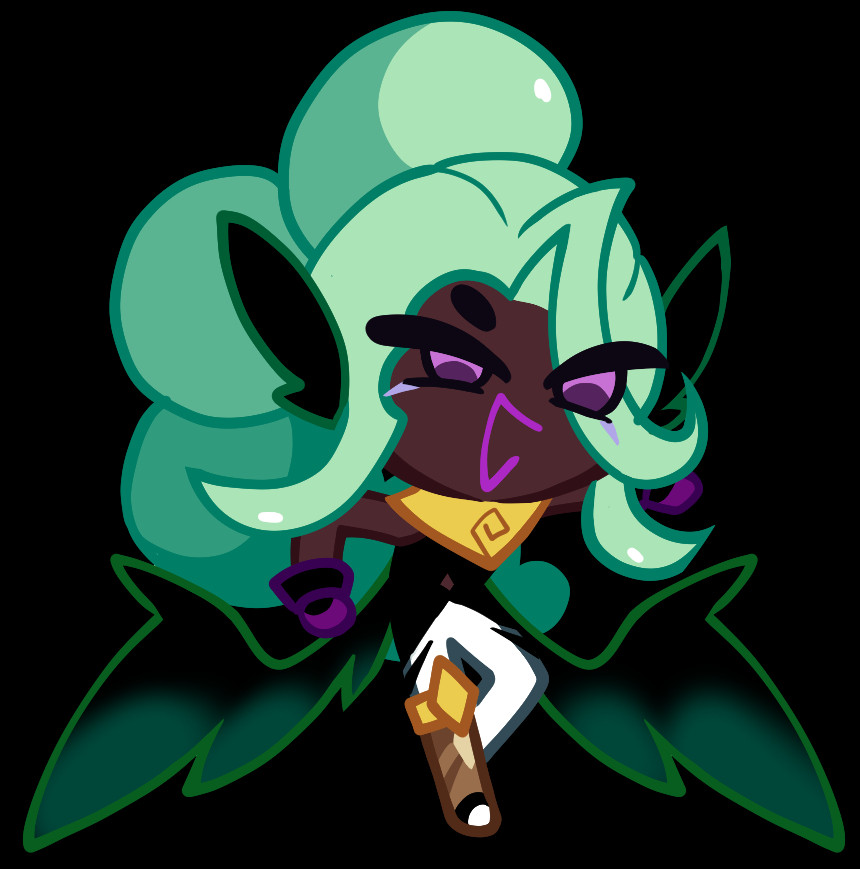 "Vivianite Mochi Cookie"
A Cookie with Mint Hair that has similar bird features to her mother and a neckpiece that has the same Mesoamerican Swirl as her mother and Brother. She is with a black shirt, white pants and a Jaguar prostetic leg that is connected with Gold metal as a way to connect it. Her gloves are black with Purple fingertips. Her wings are of the same color as her Bird Ears. She has Purple eyes, Black sclera icing and a similar marking as her mother [See above post] although they are much paler than her mother's