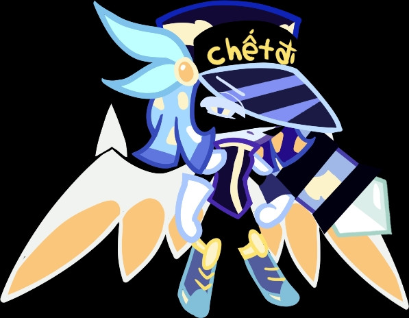 A Cookie Run Character that has a hat with a navy blue visor that's reflective, light blue feathers and a yellow gem, The hat itself has text that reads "chêtdi", The Character is of Blue hair with yellow sparkles that make the illusion of gem hair. The Character is holding a Bazooka and has cybernetic prostetic legs and wings to replace his lost ones respectively. His sclera is yellow with a Navy Blue slit pupil and a Light Blue outline