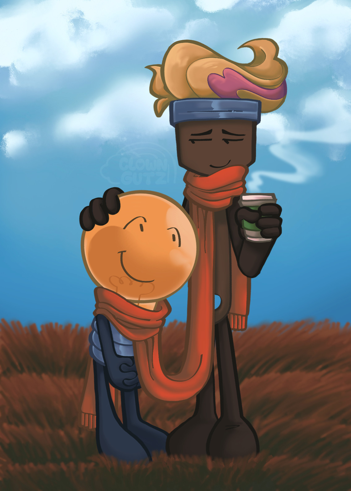 Lightbulb and Paintbrush, from Inanimate Insanity, standing next to eachother in a field. A long orange scarf wrapped around them both. They're looking at eachother lovingly.