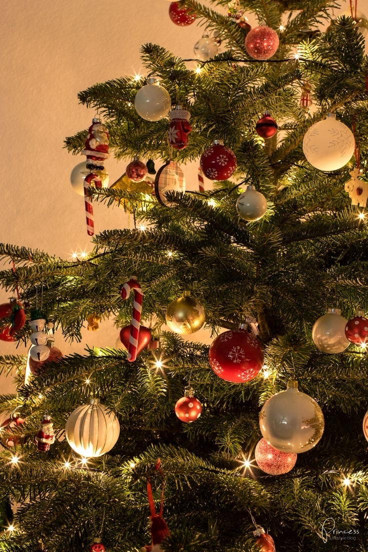 Part of a Christmas tree, showing beautiful Christmas ornaments.