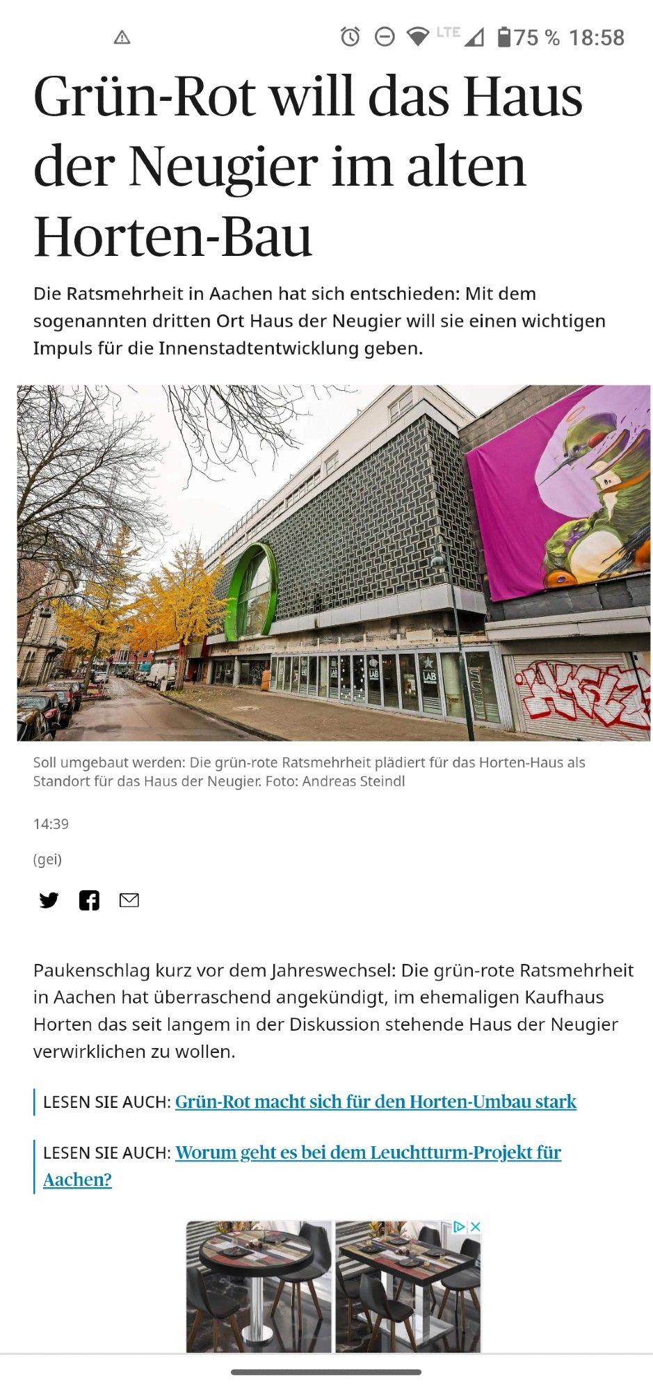 Screenshot Aachener Zeitung ehemaliges Horten Kaufhaus Zum Haus der Neugier