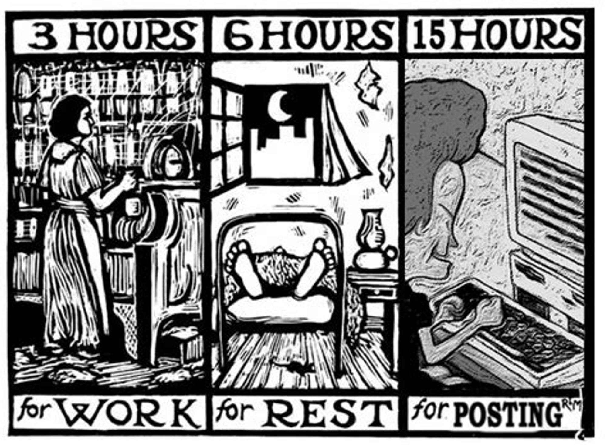 A three-panel comic. Panel 1: "3 hours for work", showing a woman working in front of a loom. Panel 2: "6 hours for rest," showing a man laying in a bed in a tenement building. Panel 3: "15 hours for posting", with cartoon character Butthead sitting in front of a computer.