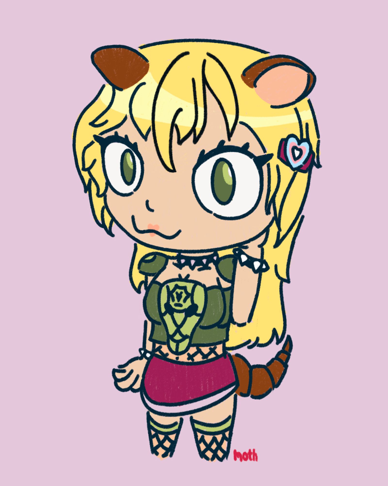 Digital artwork of a woman with blonde hair, green eyes, and armadillo ears and a tail. She's wearing green armor, a red skirt, fish net leggings, spiked neck and arm bands, and a heart hair pin in trans flag colors. She is looking towards the viewer with one hand in her hair and one to the side.