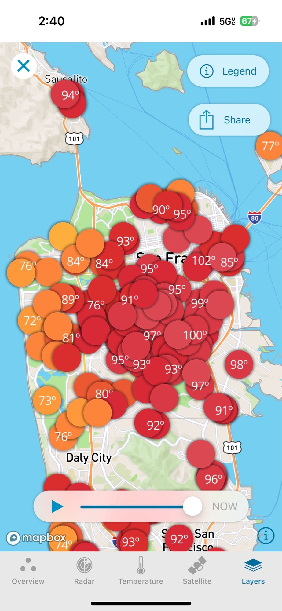 temperature in SF showing 90-100 in the center of the city and by the Bay, and 70s on the coast