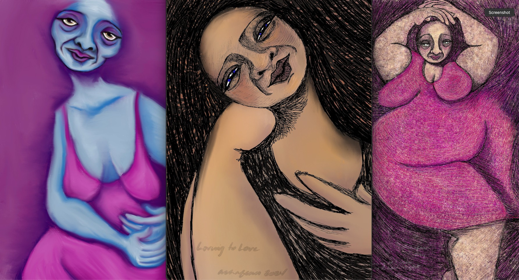 Three pieces that i've been working on this week, from left to right:
first: a being of light greenish-blues, wearing pink against a pink background - these are not colors i usually prefer, they usually are the hues of transition, but this week they have been strong in the rotation. The face is one of the kindest that i have ever rendered.  They are holding their right side sympathetically, right where the pain gets debilitating when i cough.  How odd.
The next being, in shades of brown and shadows of purple, tilts their head onto their hand, staring at the viewer, listening, and this face makes me giddy with delight.  Blue eyes are the main deviation from the subtle pallet. This last, the most unfinished of the three, is a woman with voluptuous curves dancing, hands over her head, in a more chunky style than usual, but that might not stay. by ashafenn