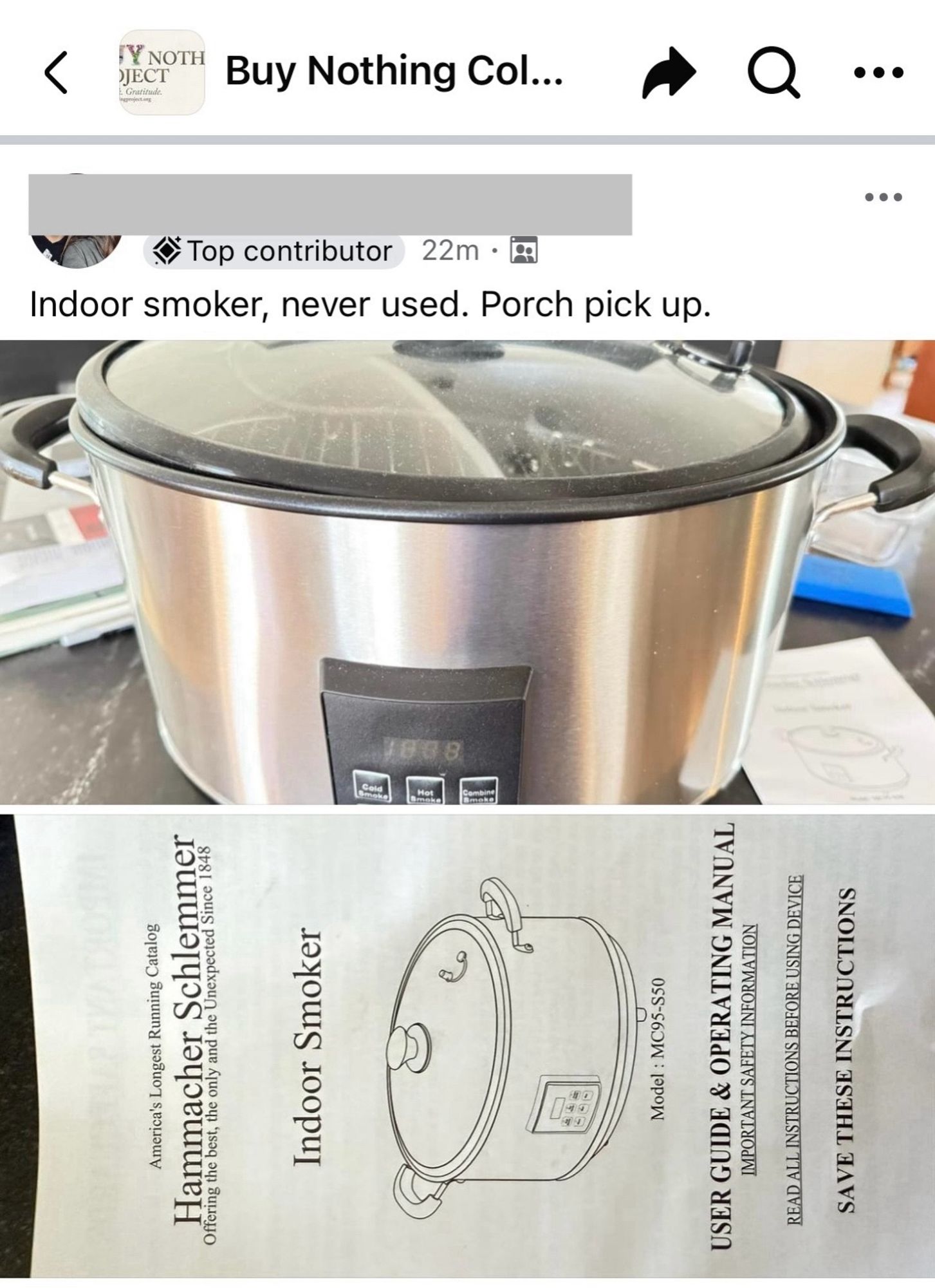 Indoor smoker, never used. Porch pick up. 
Photo of said smoker and its manual.