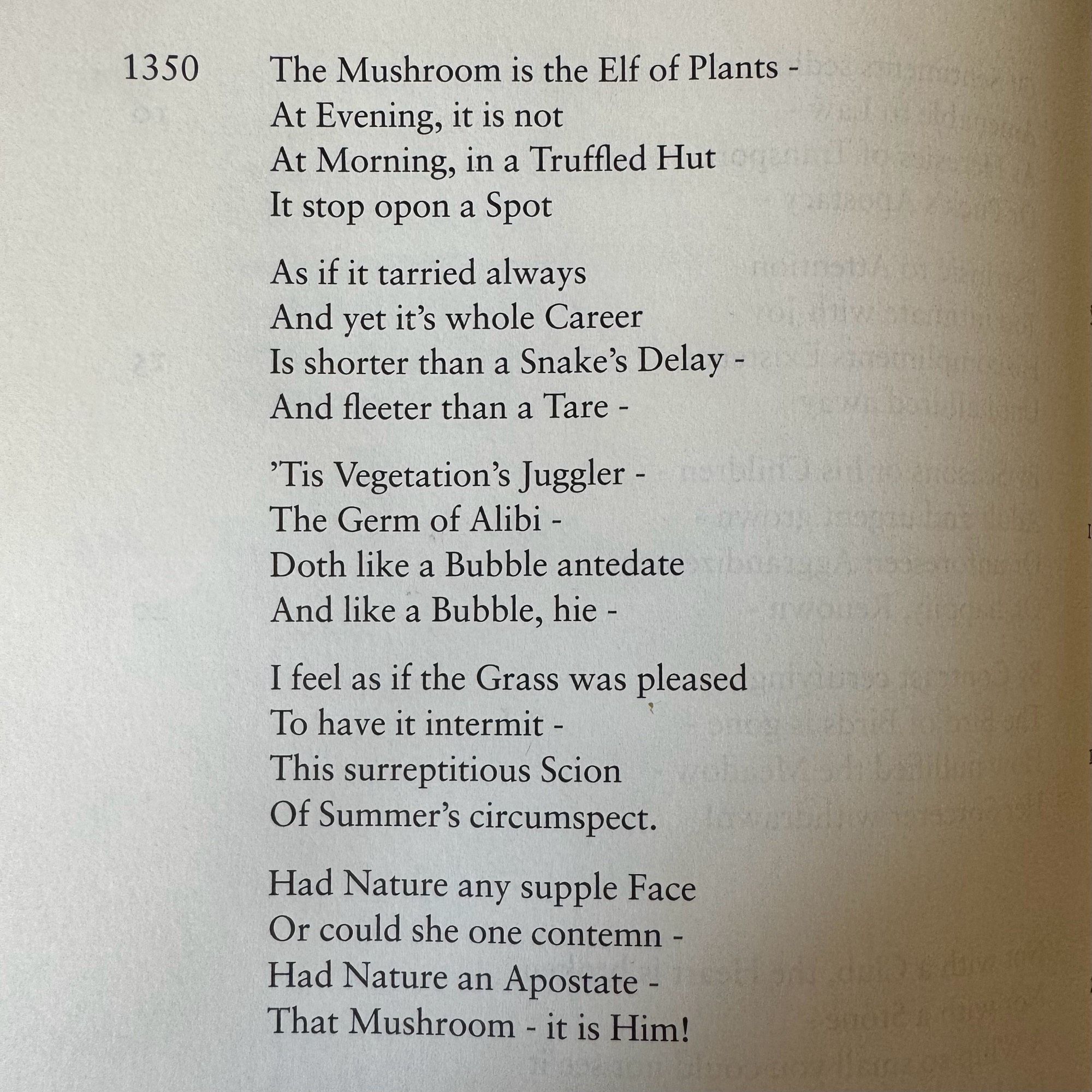 1350
The Mushroom is the Elf of Plants - At Evening, it is not At Morning, in a Truffled Hut It stop opon a Spot
As if it tarried always And yet it's whole Career
Is shorter than a Snake's Delay - And fleeter than a Tare -
'Tis Vegetation's Juggler - The Germ of Alibi -
Doth like a Bubble antedate And like a Bubble, hie -
I feel as if the Grass was pleased
To have it intermit - This surreptitious Scion
Of Summer's circumspect.
Had Nature any supple Face Or could she one contemn - Had Nature an Apostate - That Mushroom - it is Him!