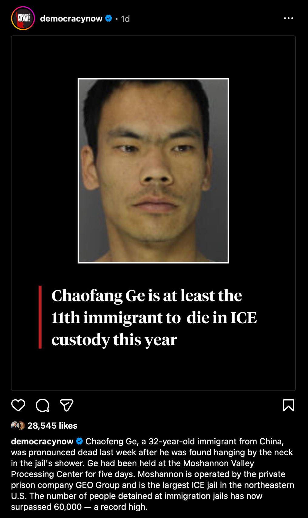 Chaofeng Ge, a 32-year-old immigrant from China, was pronounced dead last week after he was found hanging by the neck in the jail's shower. Ge had been held at the Moshannon Valley Processing Center for five days. Moshannon is operated by the private prison company GEO Group and is the largest ICE jail in the northeastern U.S. The number of people detained at immigration jails has now surpassed 60,000 — a record high.