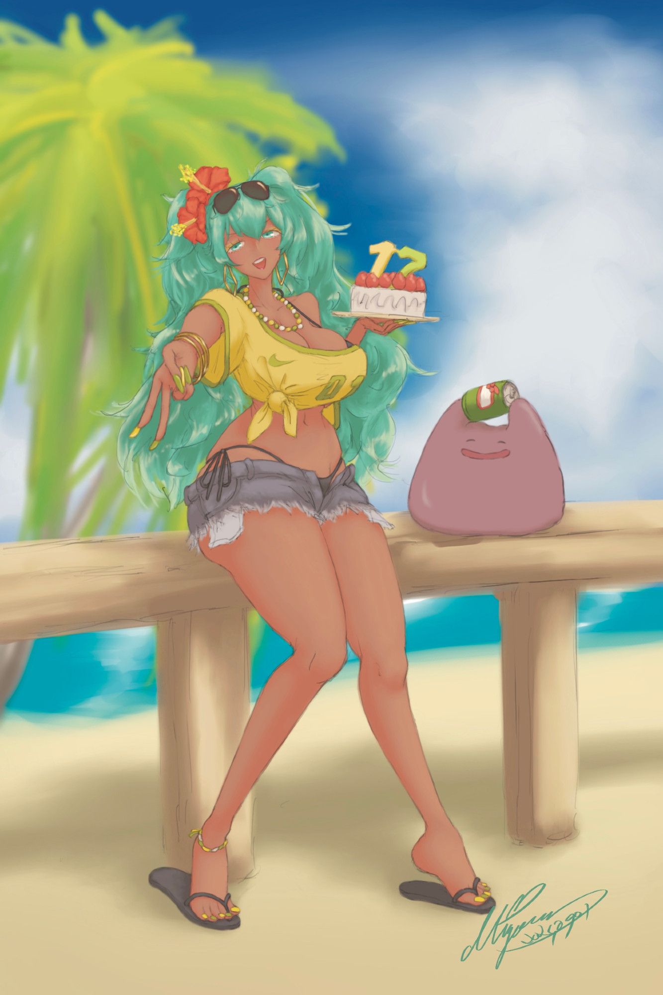 the Vocaloid Miku Hatsune in brazilian style holding birthday cake and Ditto from Pokémon holding a can of Guarana Antarctica drink