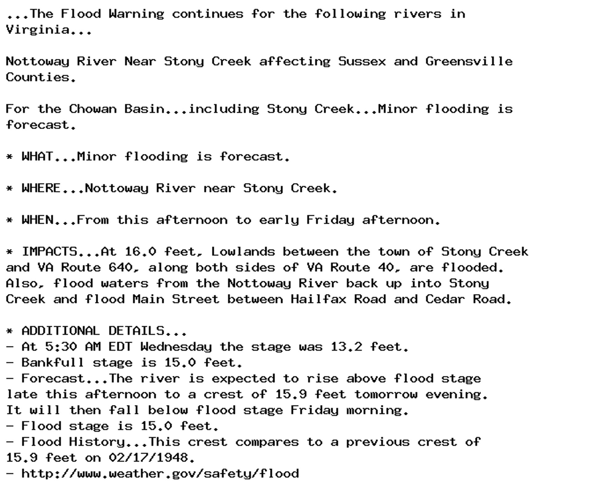 ...The Flood Warning continues for the following rivers in
Virginia...

Nottoway River Near Stony Creek affecting Sussex and Greensville
Counties.

For the Chowan Basin...including Stony Creek...Minor flooding is
forecast.

* WHAT...Minor flooding is forecast.

* WHERE...Nottoway River near Stony Creek.

* WHEN...From this afternoon to early Friday afternoon.

* IMPACTS...At 16.0 feet, Lowlands between the town of Stony Creek
and VA Route 640, along both sides of VA Route 40, are flooded.
Also, flood waters from the Nottoway River back up into Stony
Creek and flood Main Street between Hailfax Road and Cedar Road.

* ADDITIONAL DETAILS...
- At 5:30 AM EDT Wednesday the stage was 13.2 feet.
- Bankfull stage is 15.0 feet.
- Forecast...The river is expected to rise above flood stage
late this afternoon to a crest of 15.9 feet tomorrow evening.
It will then fall below flood stage Friday morning.
- Flood stage is 15.0 feet.
- Flood History...This crest compares to a previous crest of
15.9 feet on 02/17/1948.
- http://www.weather.gov/safety/flood