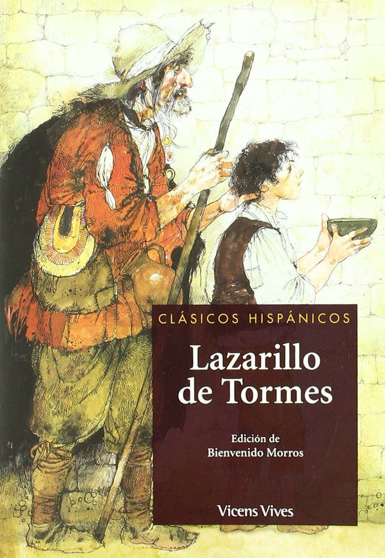 Portada del libro Lazarillo de Tormes. En ella vemos a un hombre viejo, con la ropa desgastada y sujetando una vara porque es ciego con un brazo tomando la parte de detrás de la cabeza de un niño que está pidiendo limosna.