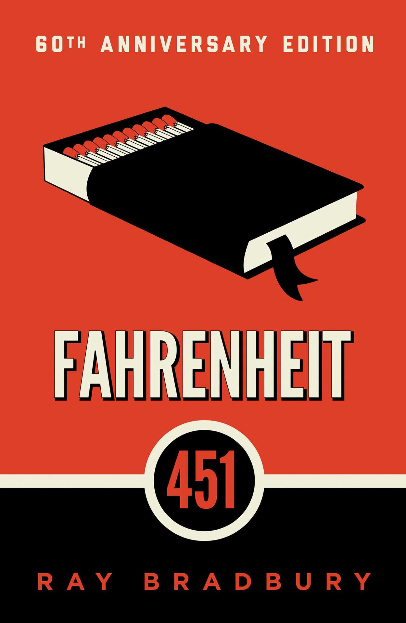 Portada del libro Fahrenheit 451 de Ray Bradbury. En ella de forma minimalista y de tonos rojos, negros y blancos se ve un libro que en su parte superior se abre en una caja de cerillas.