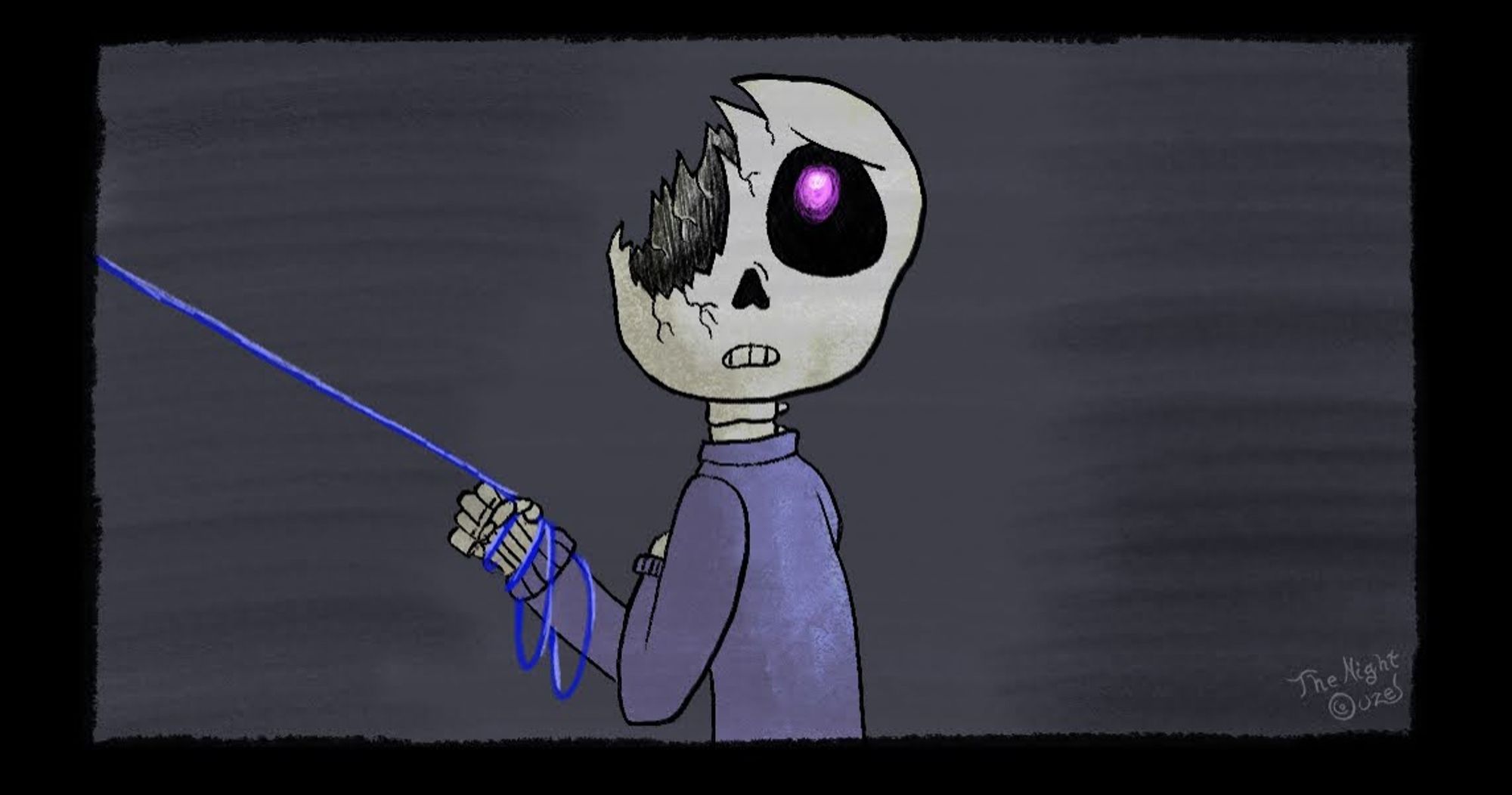 Passive Nightmare, who was the right half of his skull shattered, is looking up at something with furrowed eyebrows. He's holding a blue string with a hand that leads him somewhere out of frame.