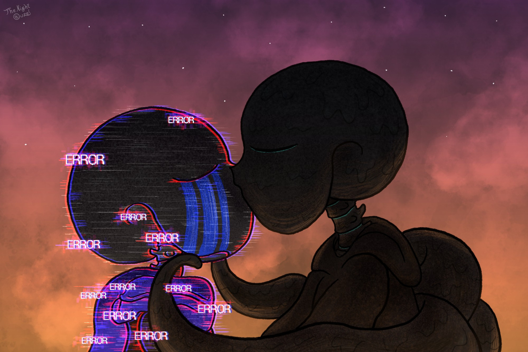 Error and Nightmare sharing a tender kiss under a sunset. Nightmare is holding Error's skull lightly with his tentacles, while Error glitches slightly.