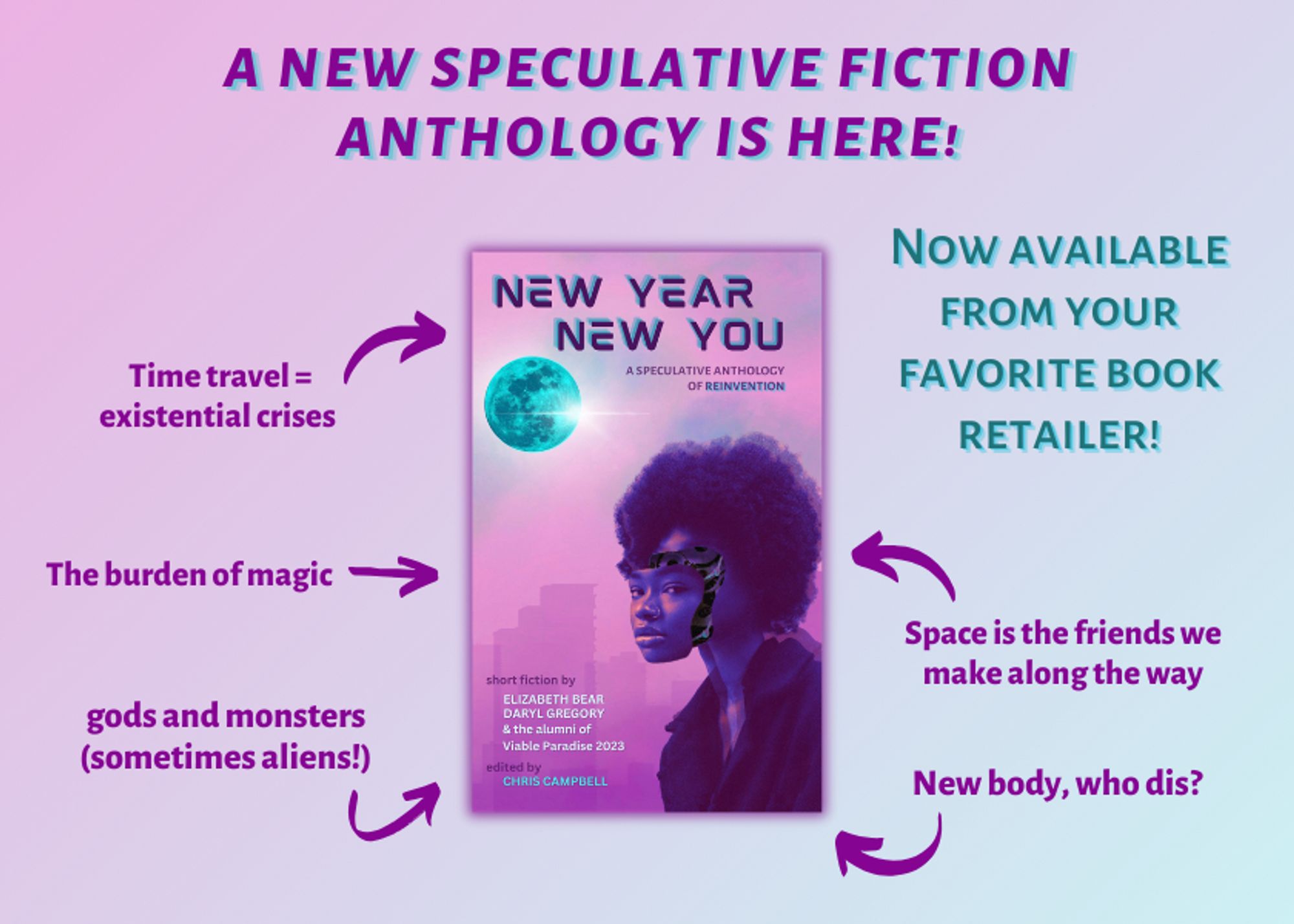 A marketing graphic that reads "A New Speculative Fiction Anthology Is Here" at the top and "Now available from your favorite book retailer" on the right side. Below it is a pink and purple bookcover featuring a blue moon and an android against a city scape. The title reads: New Year, New You: A Speculative Anthology of Reinvention". 

Arrows point to the book from the following tidbits about the collection: Time travel = existential crises; the burden of magic; gods and monsters (sometimes aliens); space is the friends we make along the way; new body, who dis?