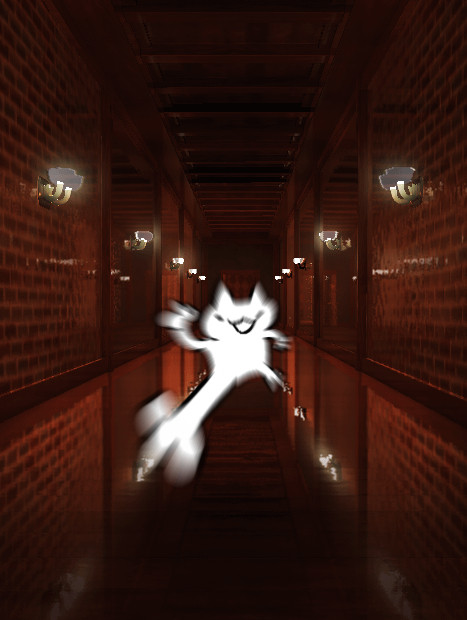 a picture of my persona, a white cat, running at you at mach speed in the hit roblox game doors. I have replaced one of the monsters that pursue you. Run.