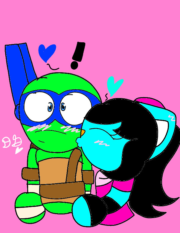 Kesha, my tmnt oc giving Leo a kiss on the cheek. Leo looks surprised and flustered by this; blushing with a small smile on his face.