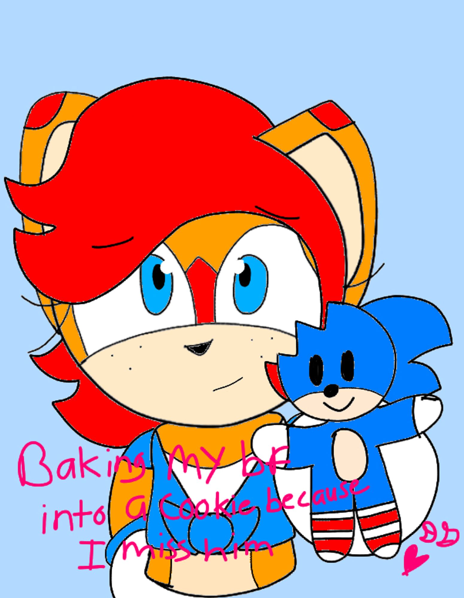 Sally Acorn, my design, holding up a sonic cookie with a bite taken out of the top.
She's wearing a white crop top and blue vest like shirt with a knot at the bottom.
She has freckles and red patches on her nose and ears. She's smiling sadly at the viewer.
On top of the picture is a text that says, "Baking my bf into a cookie because I miss him. "