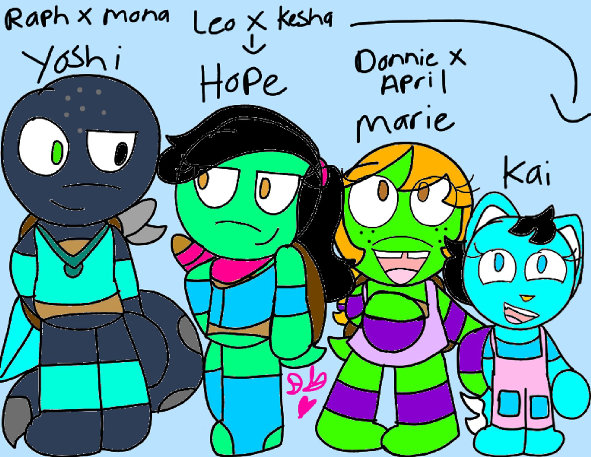 A doodle of my tmnt 2012 fankids. From left to right:
Yoshi: Raph and Mona's son. He's a lizard/turtle hybrid.
Hope: Leo and Kesha's (my oc) oldest daughter. She's a turtle/cat/human hybrid.
Marie: Donnie and April's daughter. She's a turtle/kraang/human hybrid.
Kai: Leo and Kesha's youngest daughter. She's a turtle/cat/human hybrid.