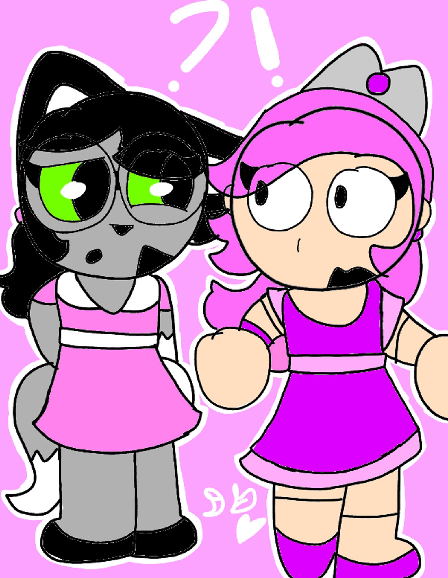 Two of my sonas looking at each other.
On the left is my Lackadaisy sona, a gray cat. On the right is my The Amazing Digital Circus sona, a wind up princess doll. My Lackadaisy sona is looking curiously at my tadc sona, a question mark above her head, my tadc sona is looking very surprised at my Lackadaisy sona, an exclamation points above her head.