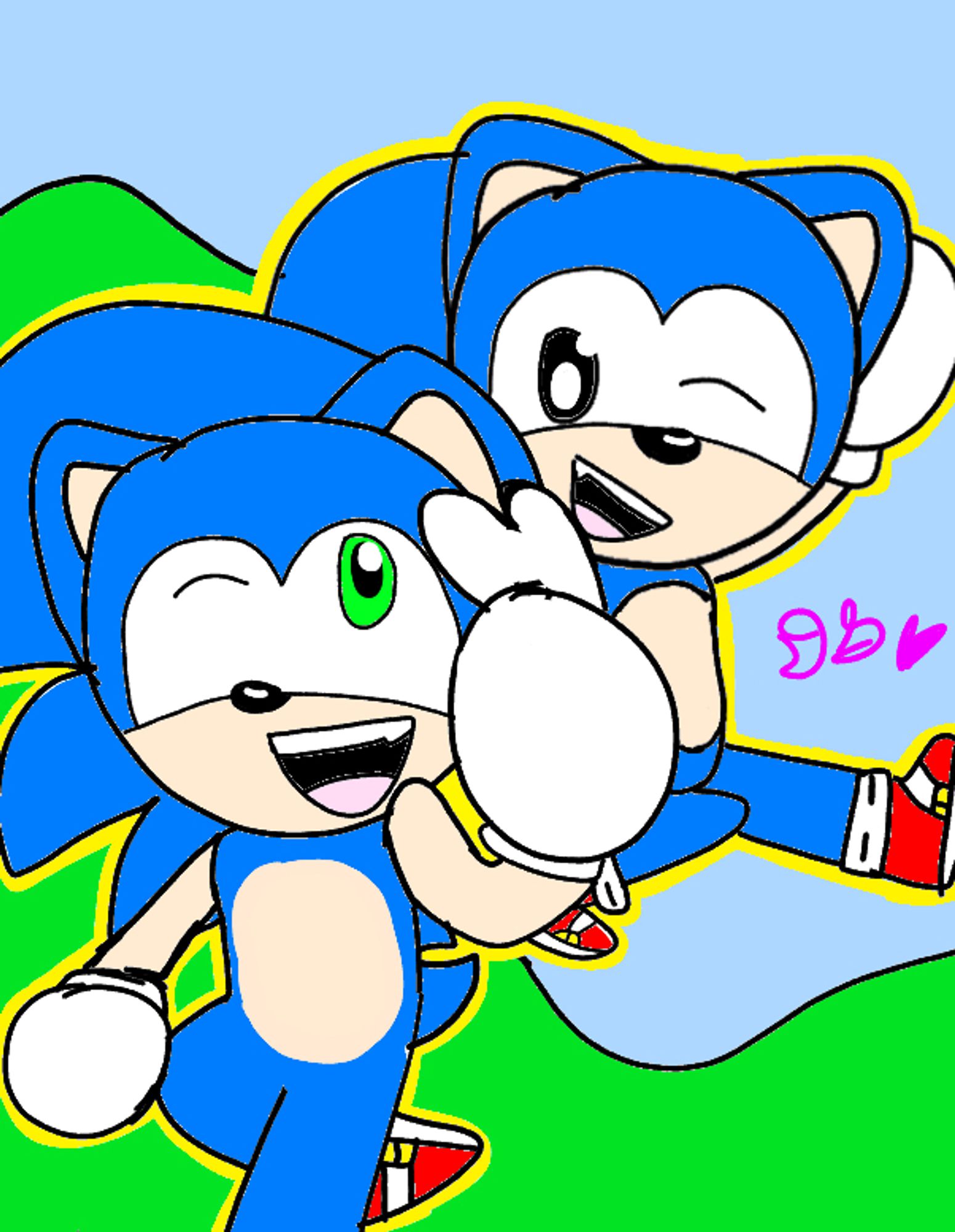 A drawing of two different versions of Sonic. Bottom left is Modern Sonic, top right is Classic Sonic.
Modern Sonic is running while doing a peace sign above his head. He is smiling and winking at Classic Sonic. Classic Sonic is jumping in the air a bit behind Modern Sonic. He is smiling and winking at Modern Sonic.
The background behind them is supposed to resemble Green Hills.