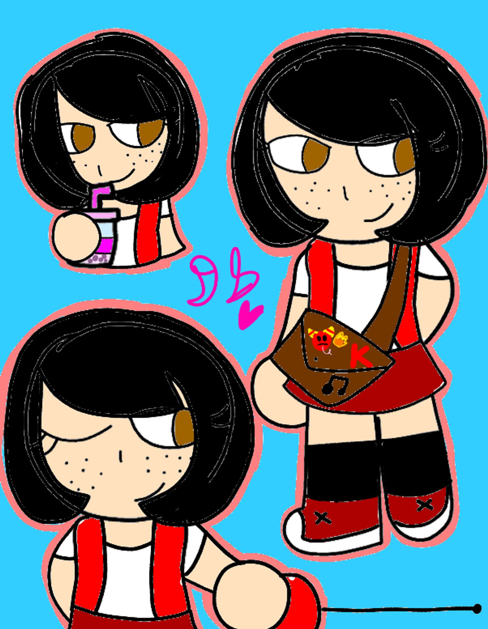 Doodles of Kagami Tsurugi from my Miraculous Ladybug AU.
On the right she is wearing a white shirt and red vest, burgundy skirt and sneakers and black socks. She has a brown messenger bag with a music note Dragon and the letter K embroidered on it.
Bottom left, she is holding her fencing sword while winking confidently. Top left she is enjoying a boba tea. Its dragon fruit and pink.