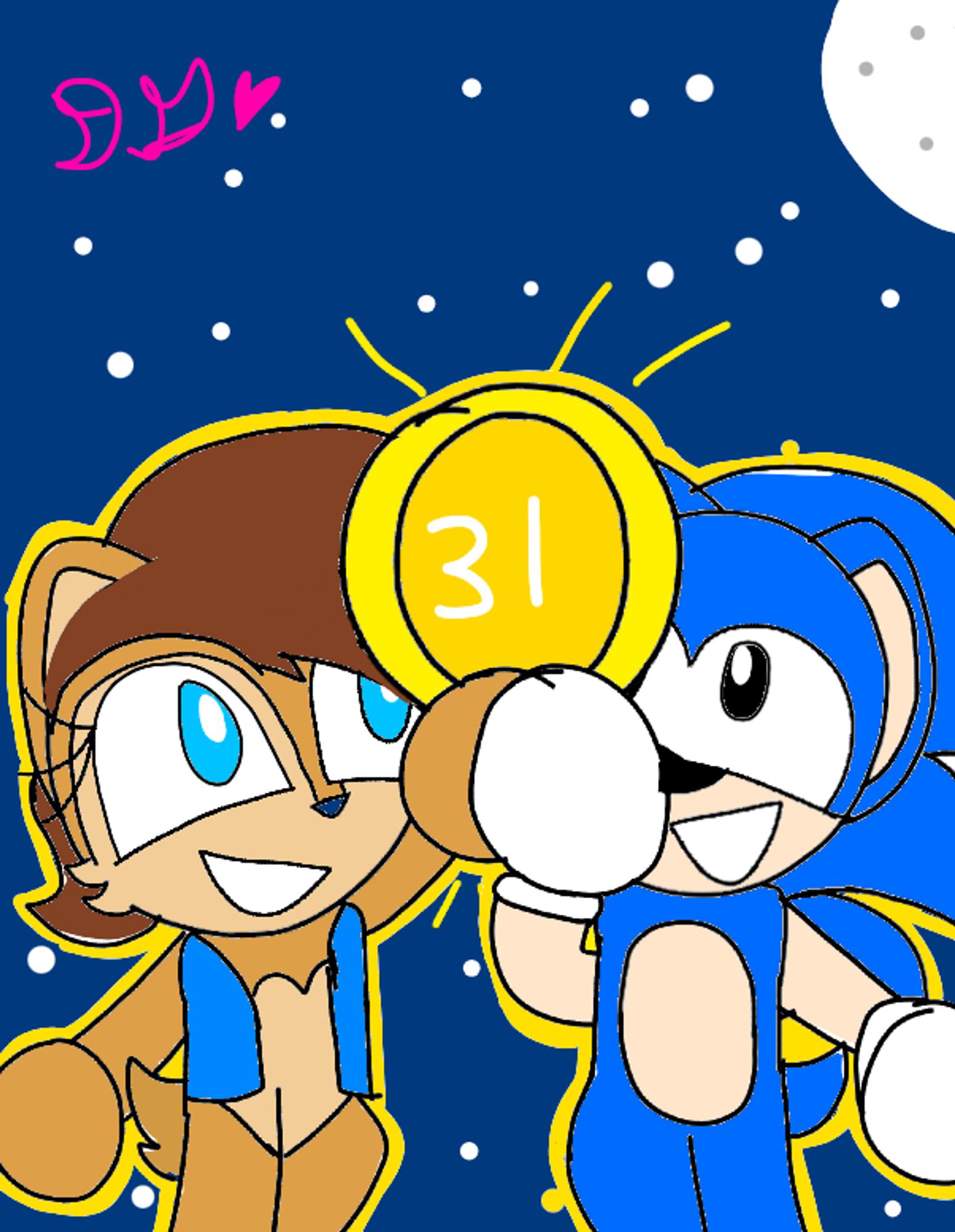 A drawing of Sally Acorn and Sonic in their Satam designs. They are both holding up a yellow ring over their heads, which glows. They both smile up at it. The background is a night sky with a white moon and stars. Inside the ring is a 31 in white.