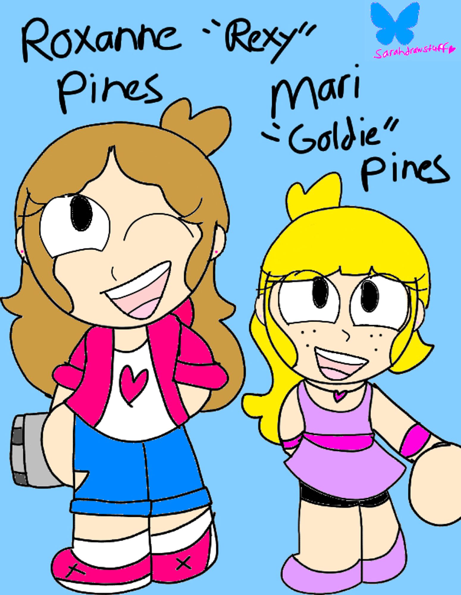 A doodle of my Dipcifica fankids.
On the left is Roxanne (Rexy) and one the right is Mari (Goldie). Rexy has light brown hair, a hot pink hoodie, shoes and earrings, a white shirt with a hot pink heart in the center, white socks and blue jeans with a tear in the knee. She's carrying her dad's old journal.
Goldie has blonde hair, a lavender dress, flats and earrings, pink belt, bracelets, heart necklace and earrings and black shorts under her dress. She also has freckles. Both girls are smiling, with Rexy winking.