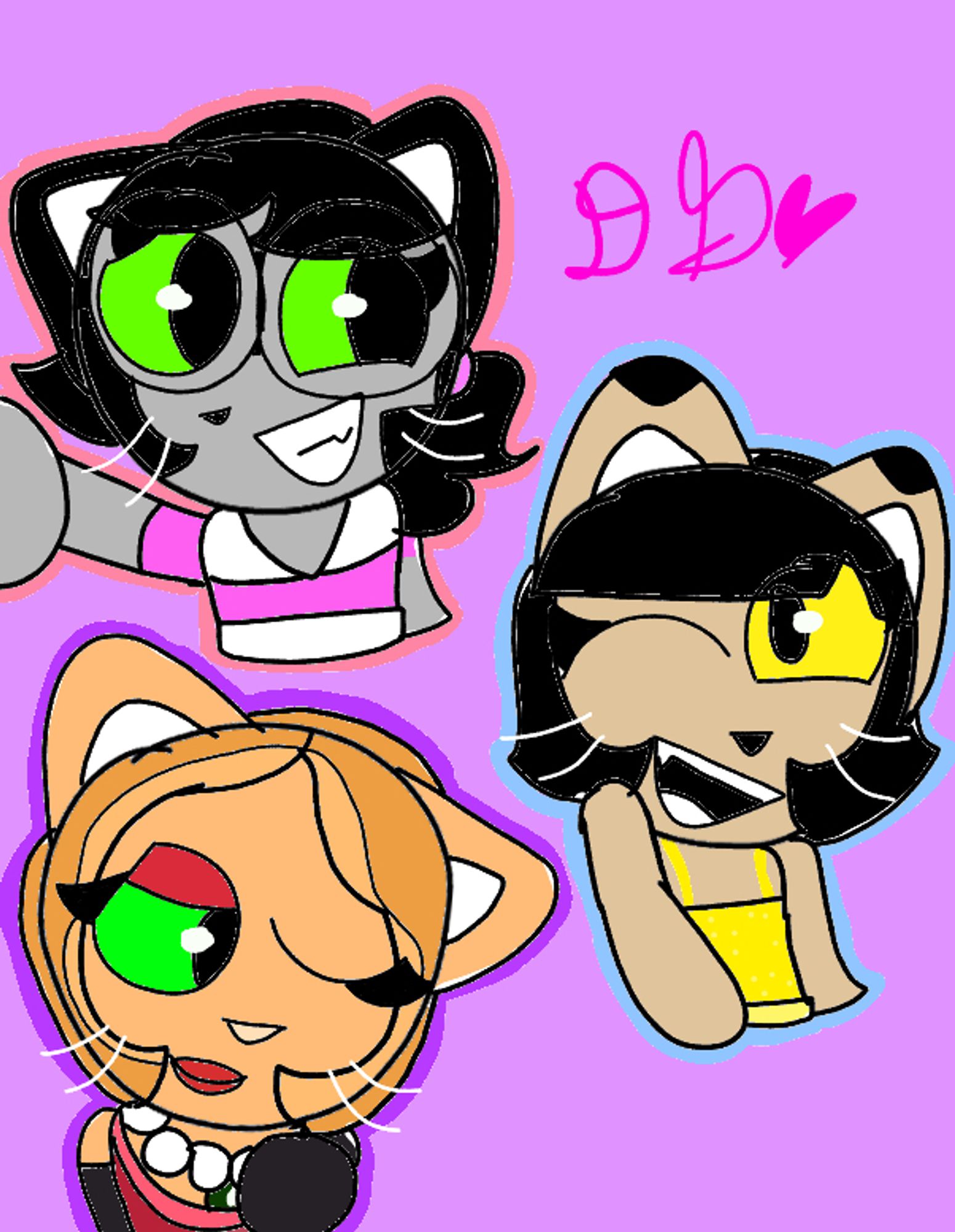 Doodles of my lackadaisy sona, Ivy Pepper and Mitzi May.
Top left is my sona smiling awkwardly while grabbing on to the side of the screen. Mid right is Ivy in her flapper dress winking cutely. Bottom left is Mitzi thoughtfully touching her necklace looking down.