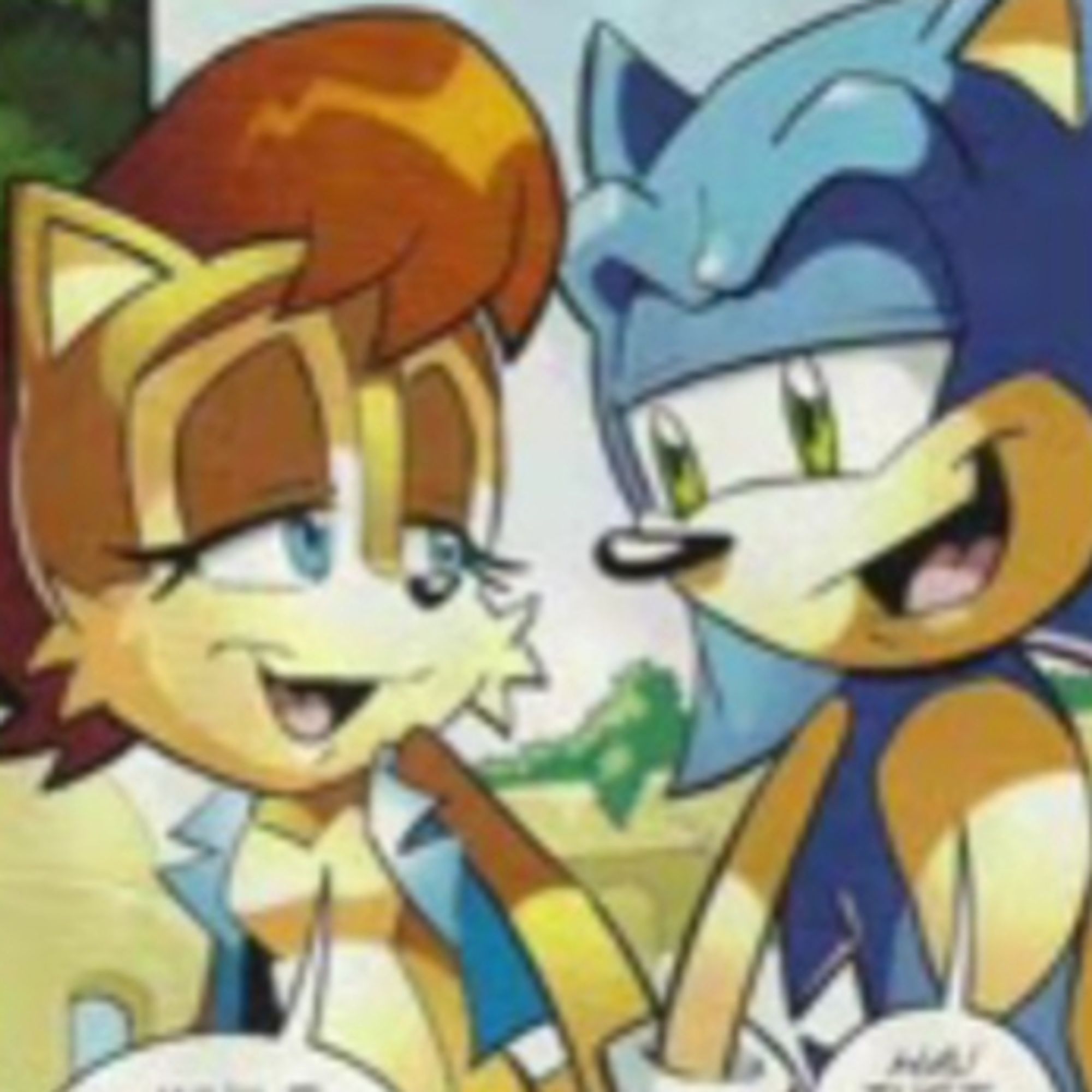 Sally and Sonic smiling happily at each other while holding hands.
Archie Sonic comics.