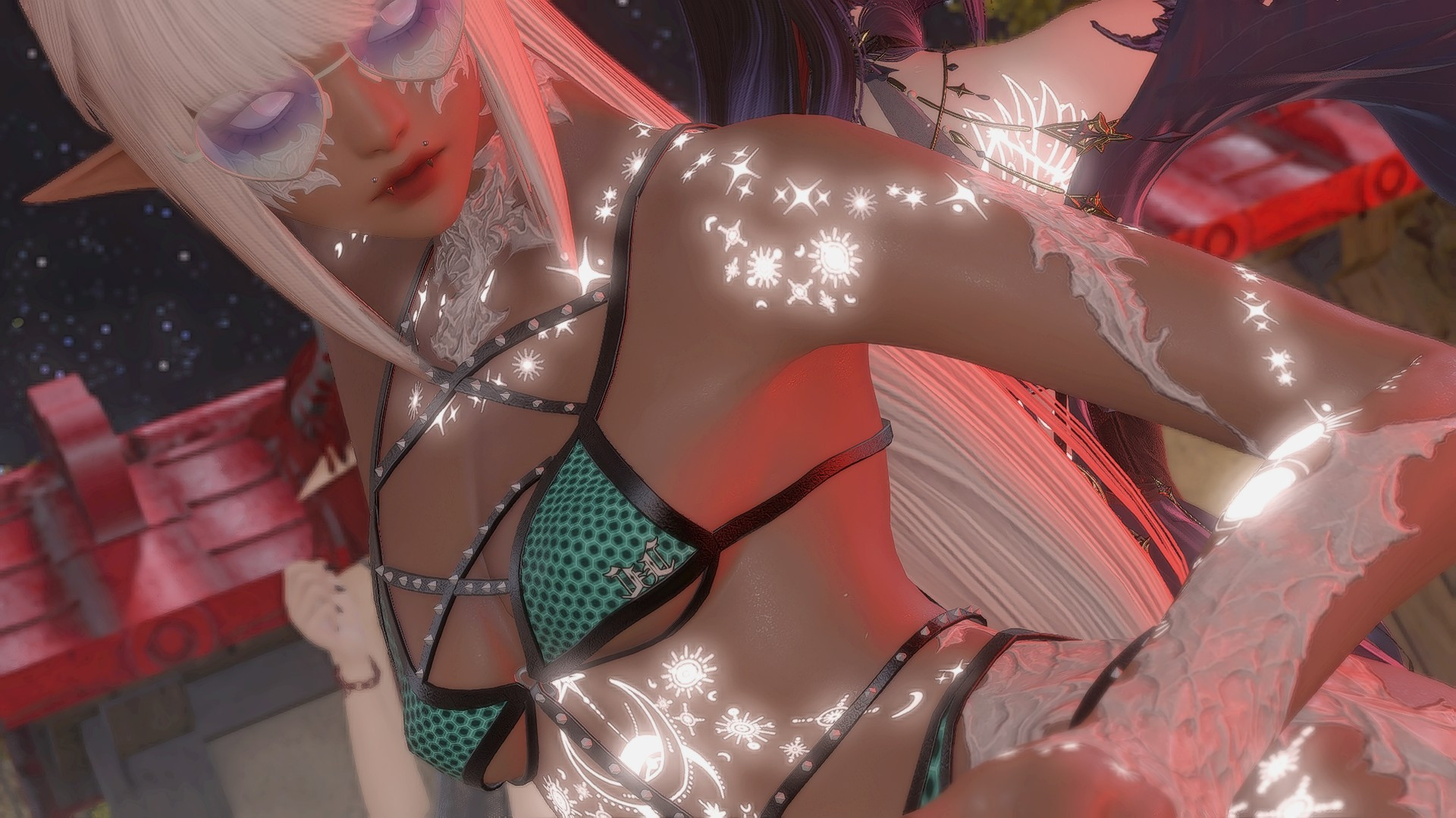 Final Fantasy XIV Au Ra with white hair and tan skin. She has glowing star tattoos and weara a teal bikini. She's dancing in a pool.