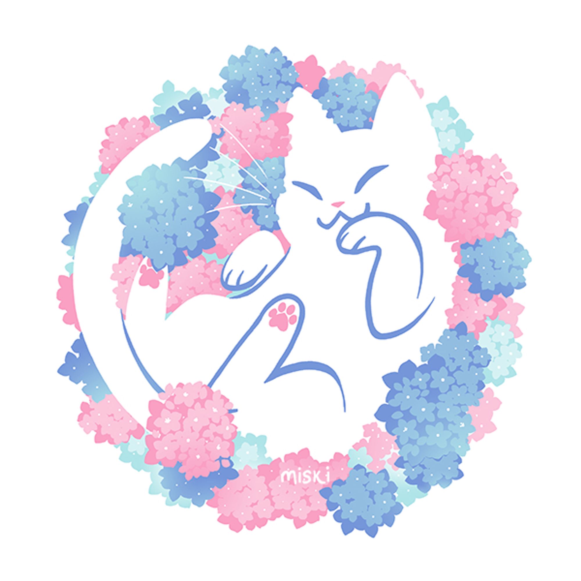 a little white cat is contently curled up on its back in a puffy bed of pink and blue hydrangea flowers. back leg toe beans are fully visible for your enjoyment