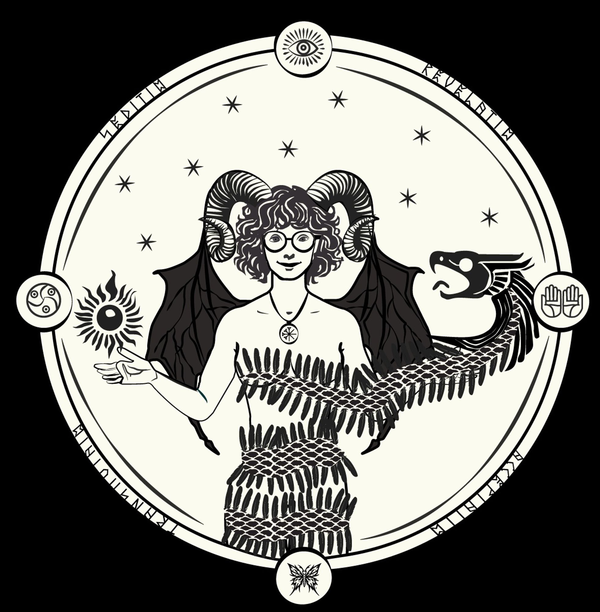 A Sigil for Sophie the Revelator, depicting a naked Woman with leathery wings, Rams Horns, shoulder length curly hair. Her body and left arm are being wrapped up by a feathered snake. Her necklace holds the ancient Sumerian sign for God. In her right hand she holds a burning flame. Nine stars burn in the Sky. Surrounding her in a circle are the words Revelation, Acceptance, Transformation and Revolution in Latin. In the north is a Great eye of Revelation, To the East hands of acceptance. To the South the Butterfly of Transformation, To the Right a Celtic spiral of Revolution.