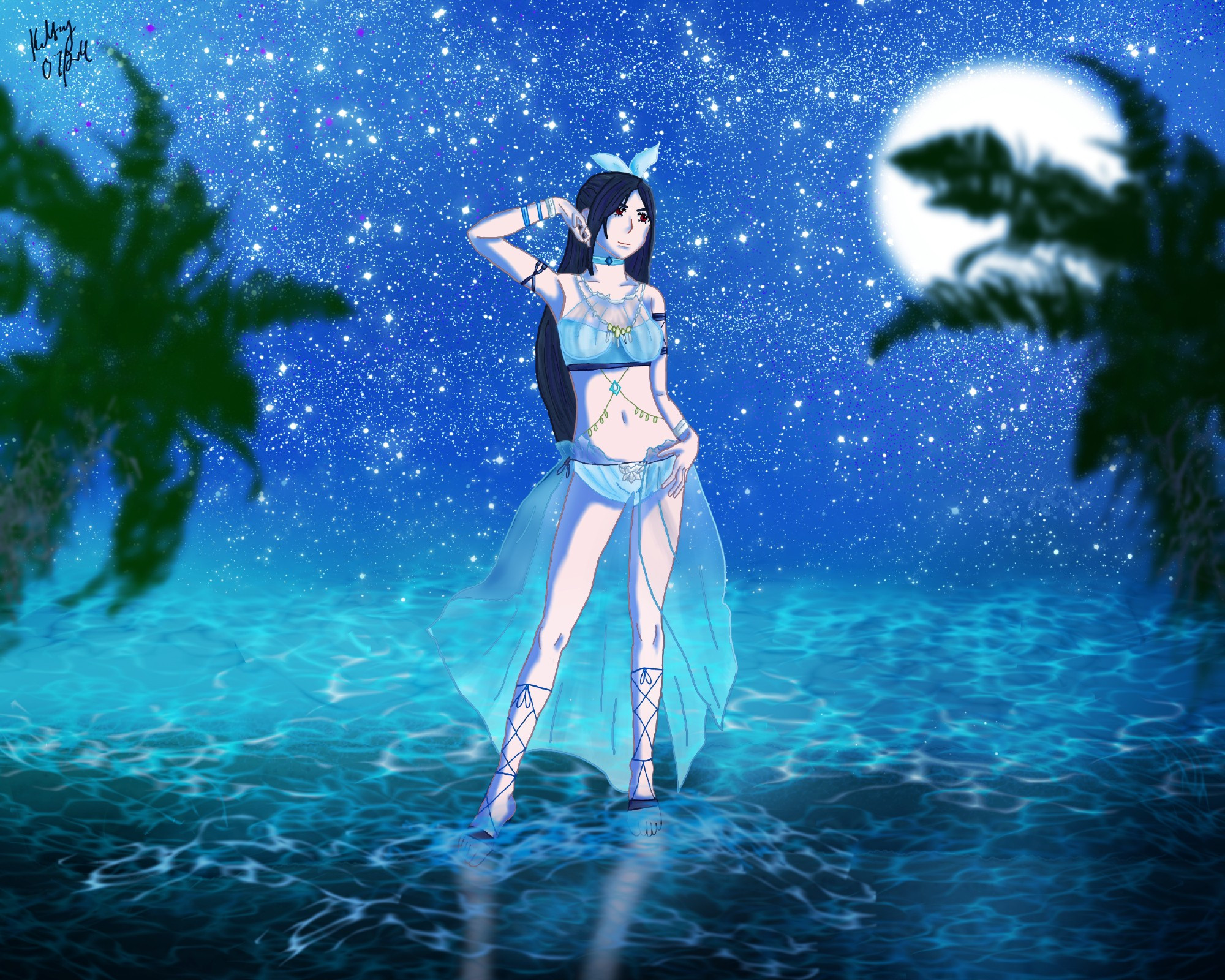 My art of Tifa Lockhart in the summer 2024 Ever Crisis Outfit. She is standing in the ocean surf on a moon lit knight. Two blurred palm trees frame the image.