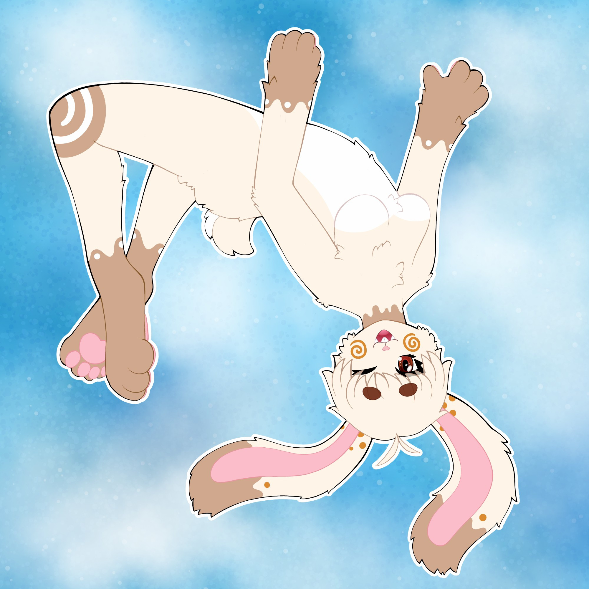 A bunny furry doing a blackflip in the sky. Fur is cream colored with a white tummy, and light brown paws, feet, and tips of ears. She has caramel swirls on her cheek, and she is winking with a smile.