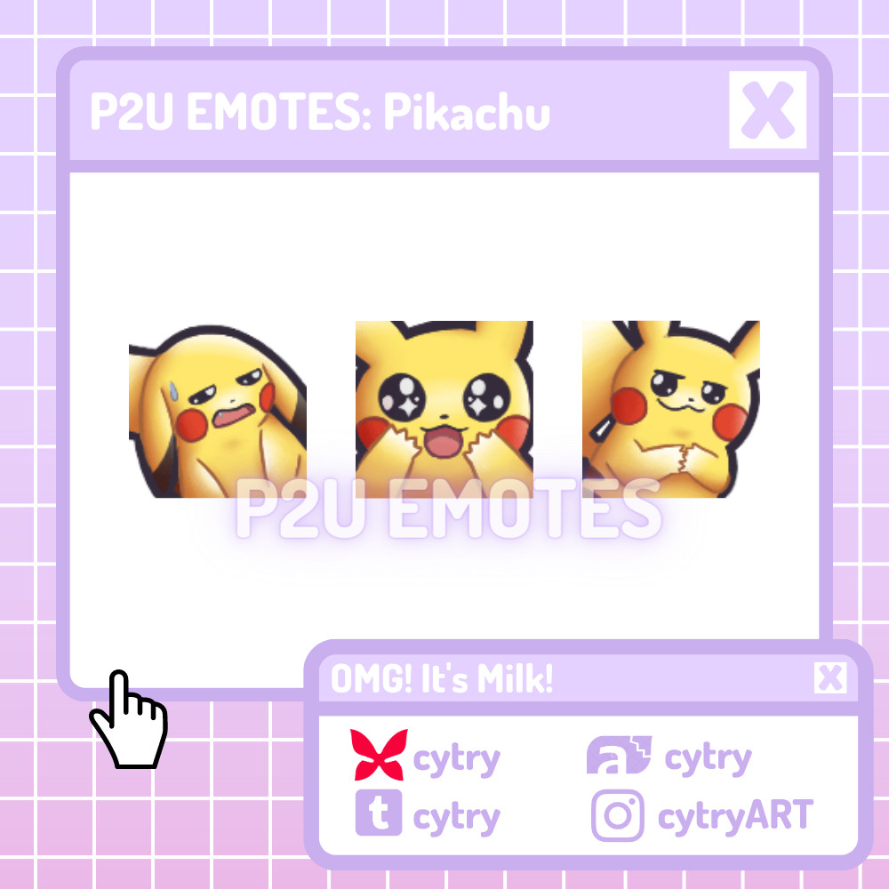 3 pikachu emotes. One is a pikachu sweating, the next is a pikachu with sparkling eyes, and the last is a pikachu smirking.