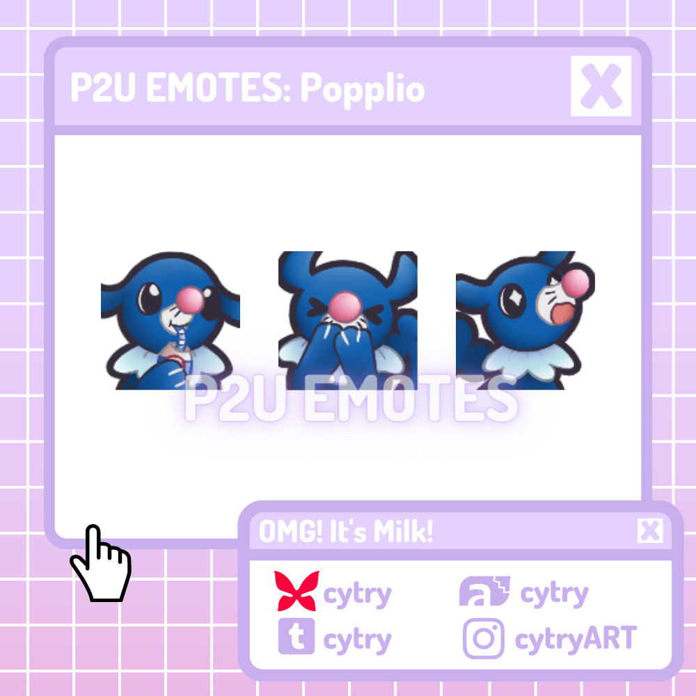 3 popplio emotes. One is drinking moomoo milk, one is laughing, the last one has sparkly eyes.