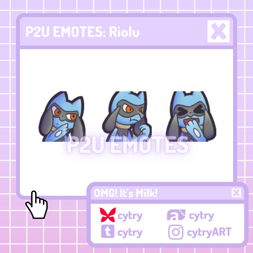 3 emotes. Riolu thinking, riolu angry with his fist held up, riolu laughing.