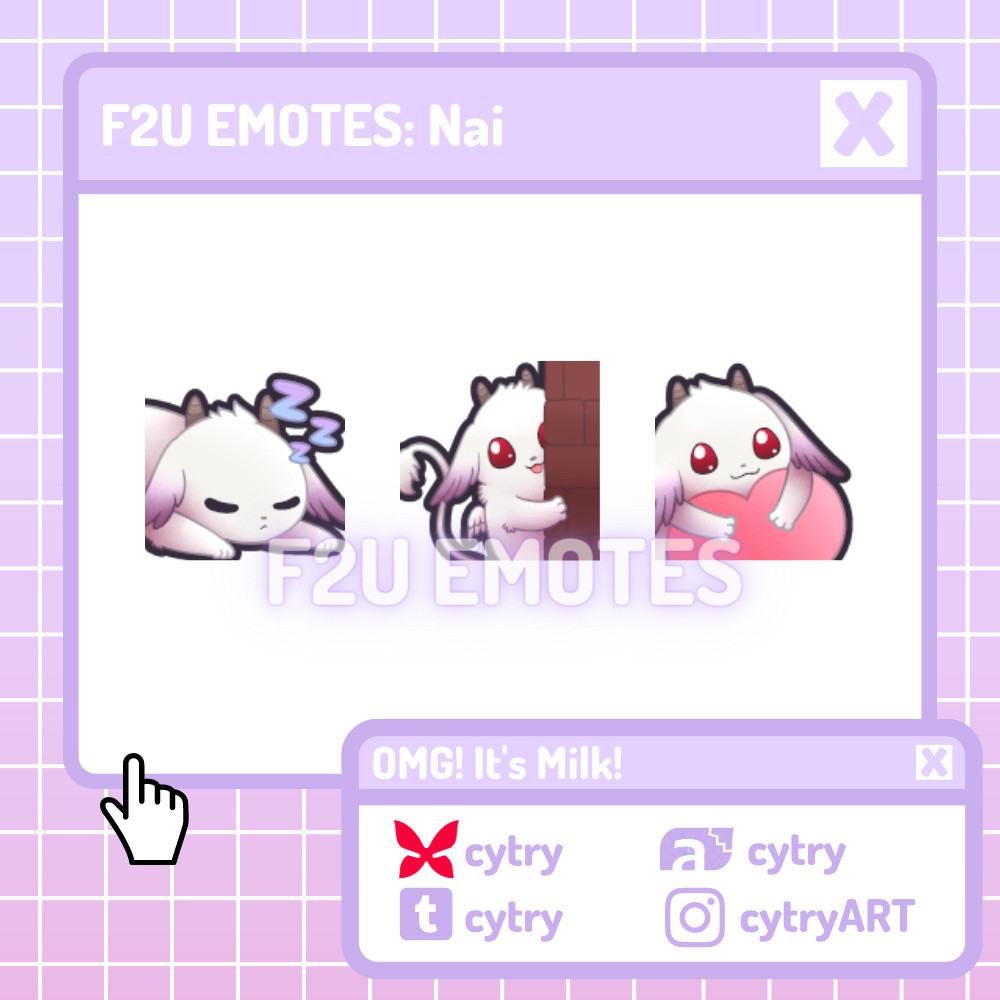 three nai emotes. One emote nai is sleeping, the next he is peeking, and the last he is holding a heart.