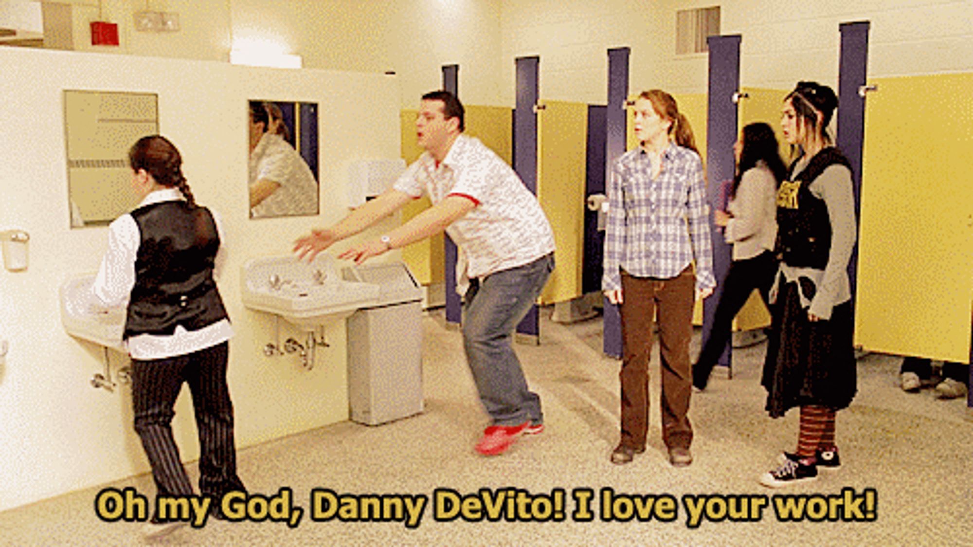 Damien, from the film Mean Girls, screaming, “Oh my God, Danny Devito! I love your work!” at a short girl, washing her hands in the women’s restroom.