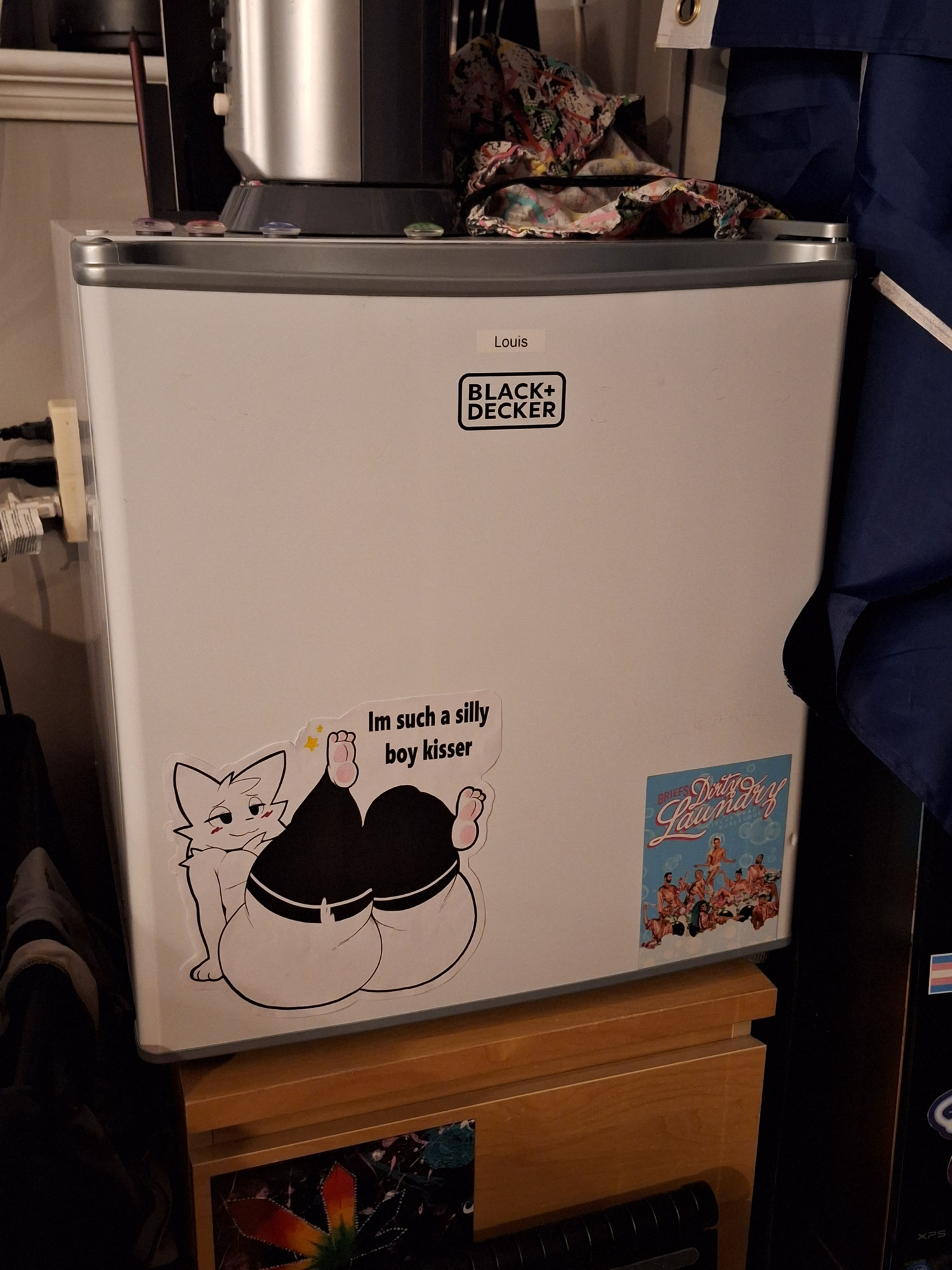 Small fridge with a fat assed boykisser pasted on it