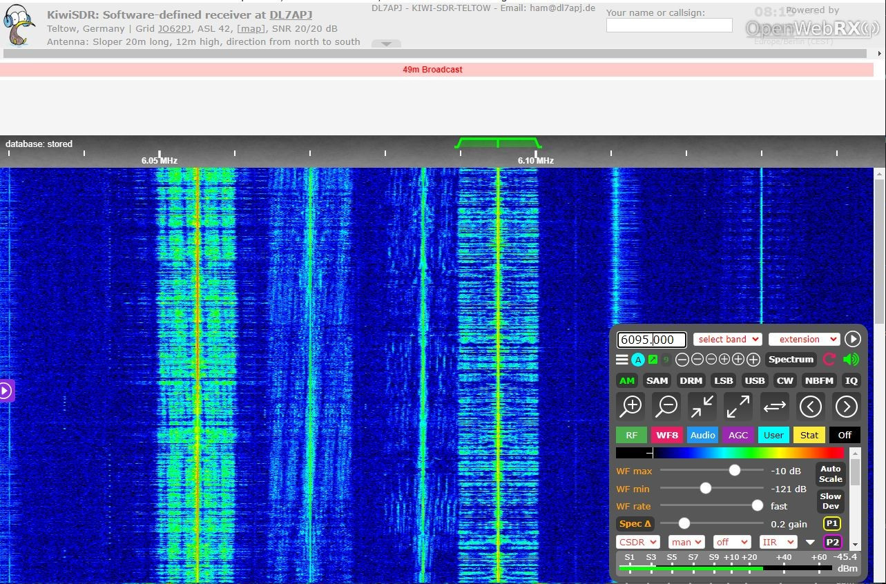 Screenshot eines SDR Empfängers mit den Signalen auf 6095 und 6055 kHz.