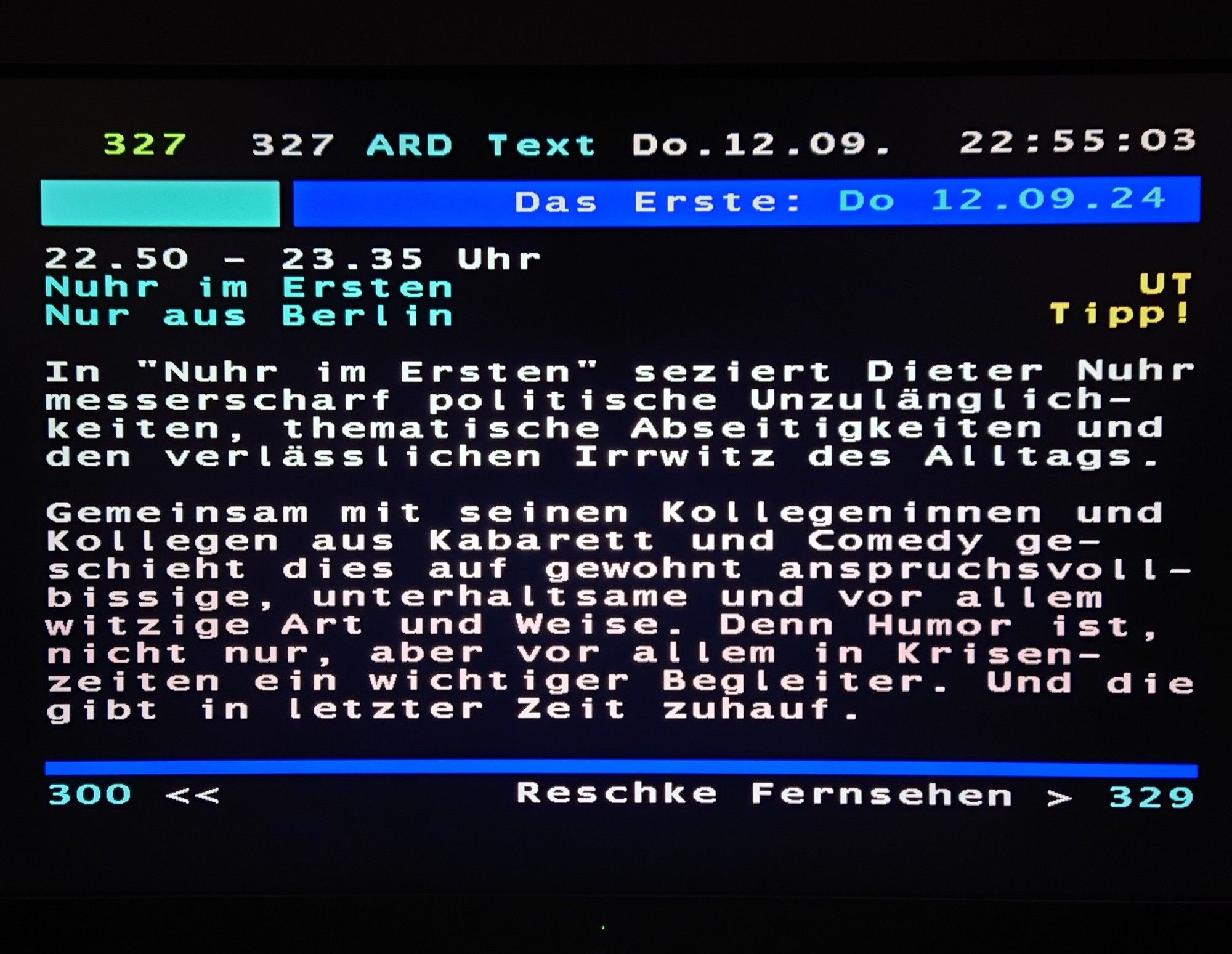 Screenshot der Videotext-Seite zur Sendung.