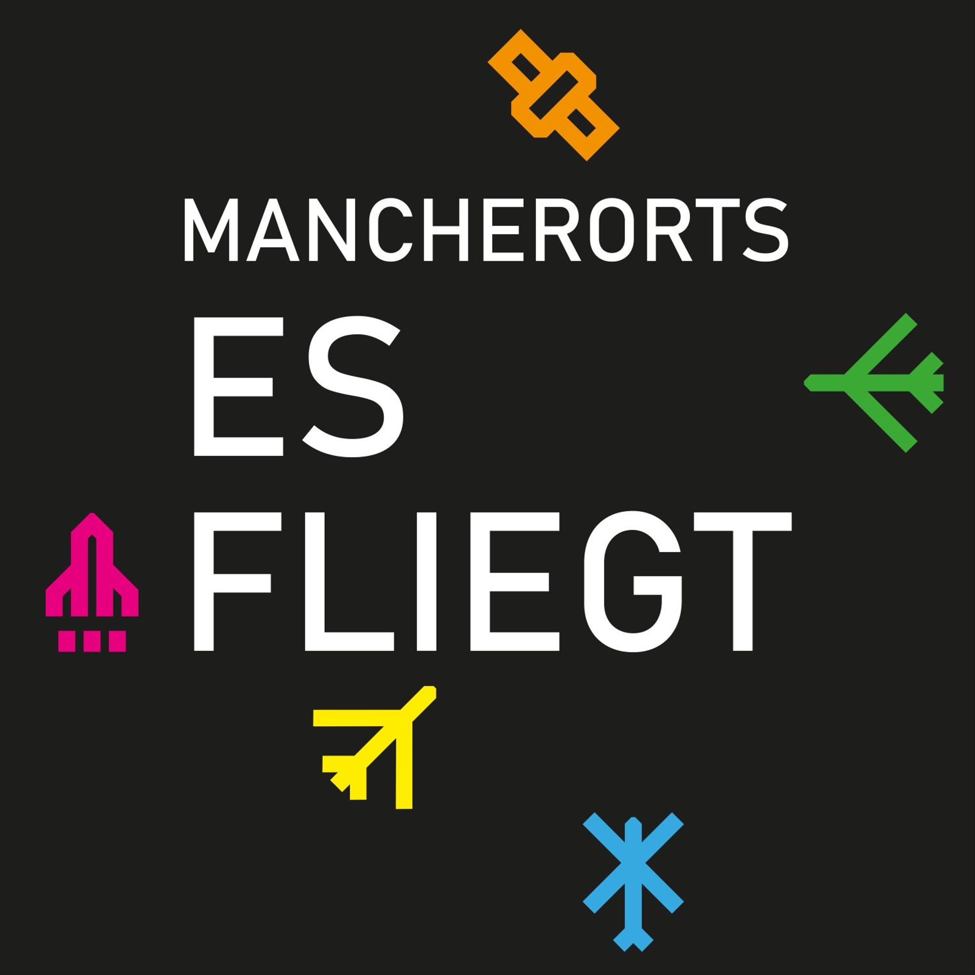 Logo von ESFLIEGT mit Symoblen von Flugzeugen, einem Hubschrauber, einer Rakete und einem Satelliten.