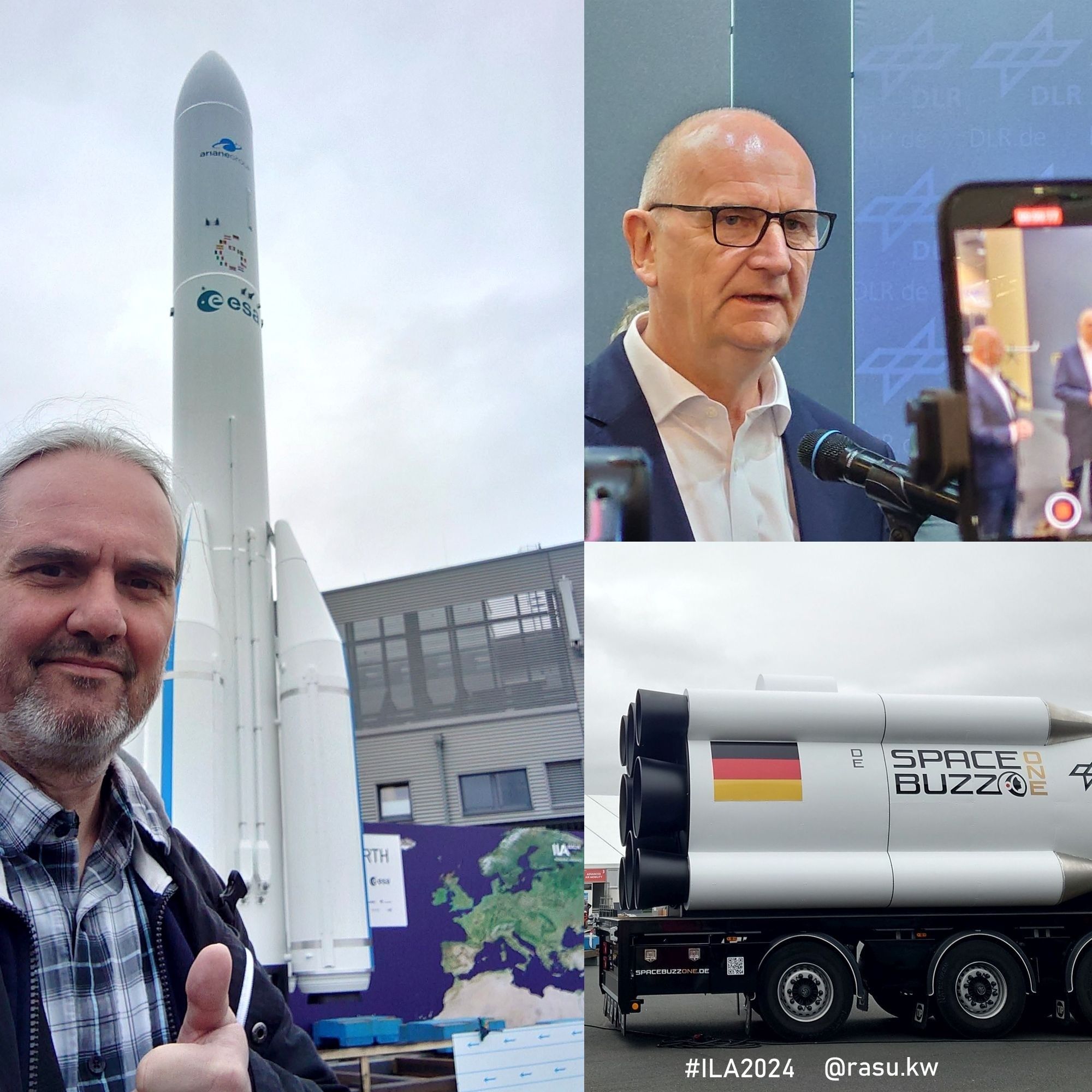 Eine Collage von Ariane 6, dem SpaceBuzz, MP Woidke und rasu.kw